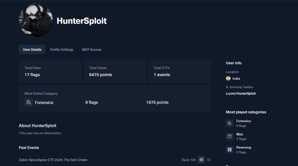 HunterSploit's tweet photo. Participated in my first @hackthebox_eu CTF: Cyber Apocalypse 2026 β The Salt Crown.
Together with Team RansomWeAre, we finished 103rd out of 6,744 teams, solving all 136 challenges.
A great learning experience, and I'm looking forward to the next one.
#CyberApocalypse26 #CTF https://t.co/214aQniynN
