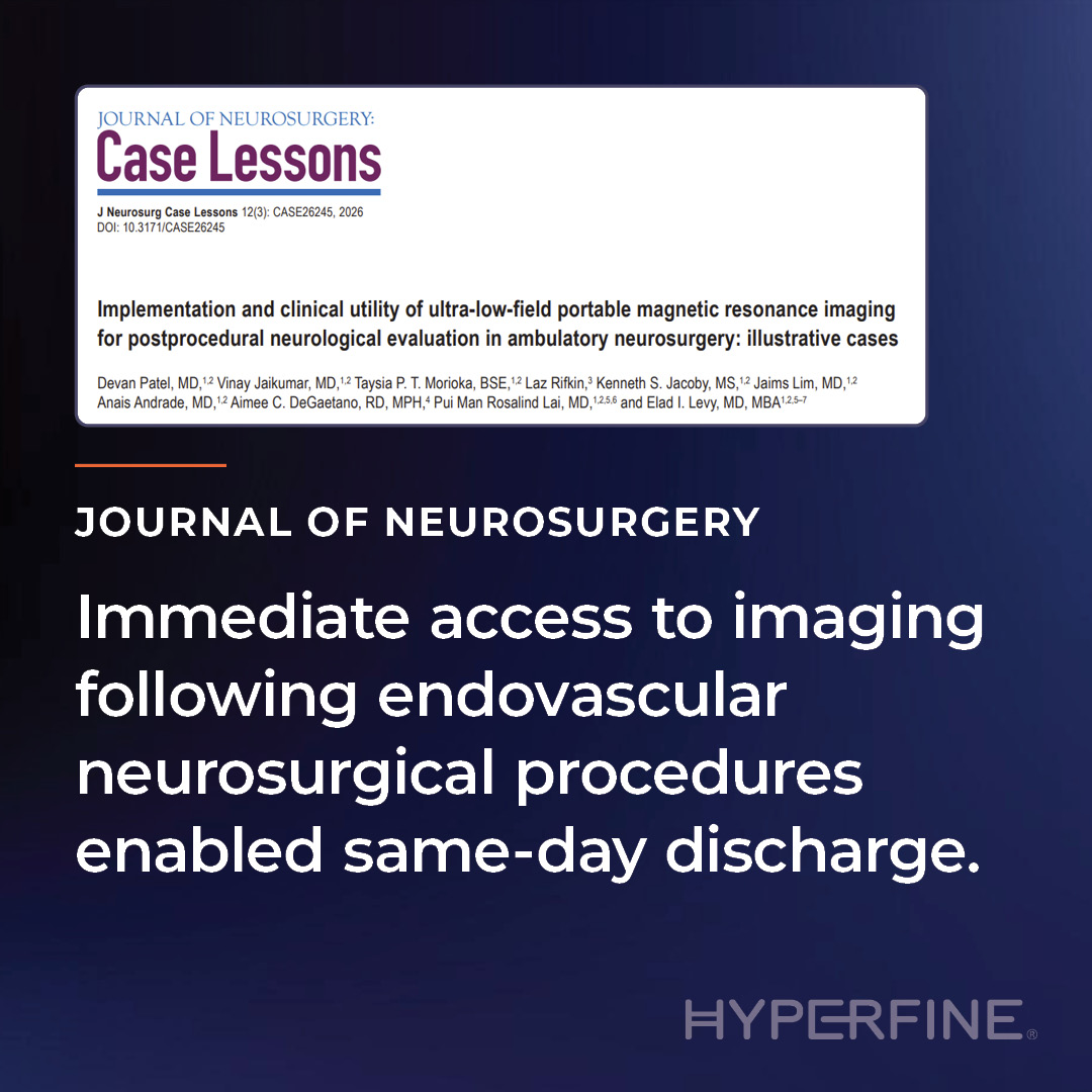 Hyperfine's tweet photo. #NEWS! #Hyperfine announces the release of multiple peer-reviewed publications in Stroke and the Journal of Neurosurgery, expanding evidence for the Swoop® system in multiple sites of care. The collection of publications in Stroke added to the growing body of evidence supporting the value of low-field MRI across the stroke continuum. In the published endovascular neurosurgical procedure cases, the Swoop system provided immediate post-procedure access to imaging, which enabled same-day discharge.
 
These publications add to a substantial clinical foundation: 180+ peer-reviewed publications and 280+ scientific presentations spanning multiple sites of care in support of imaging for a broad range of clinical conditions.  
 
Link to full press release https://t.co/oseHtWbihp
 
#SwoopSystem #PortableMRI #MedTech