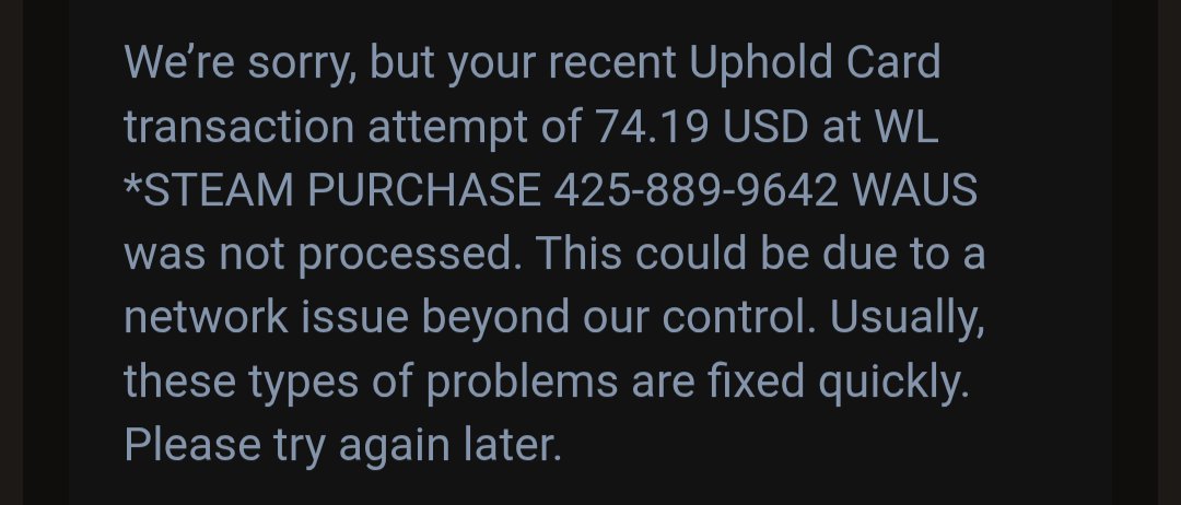 itsme3587's tweet photo. Any particular reason I can't use my card to buy a game, @UpholdInc ? https://t.co/xYRdSvH9Jx
