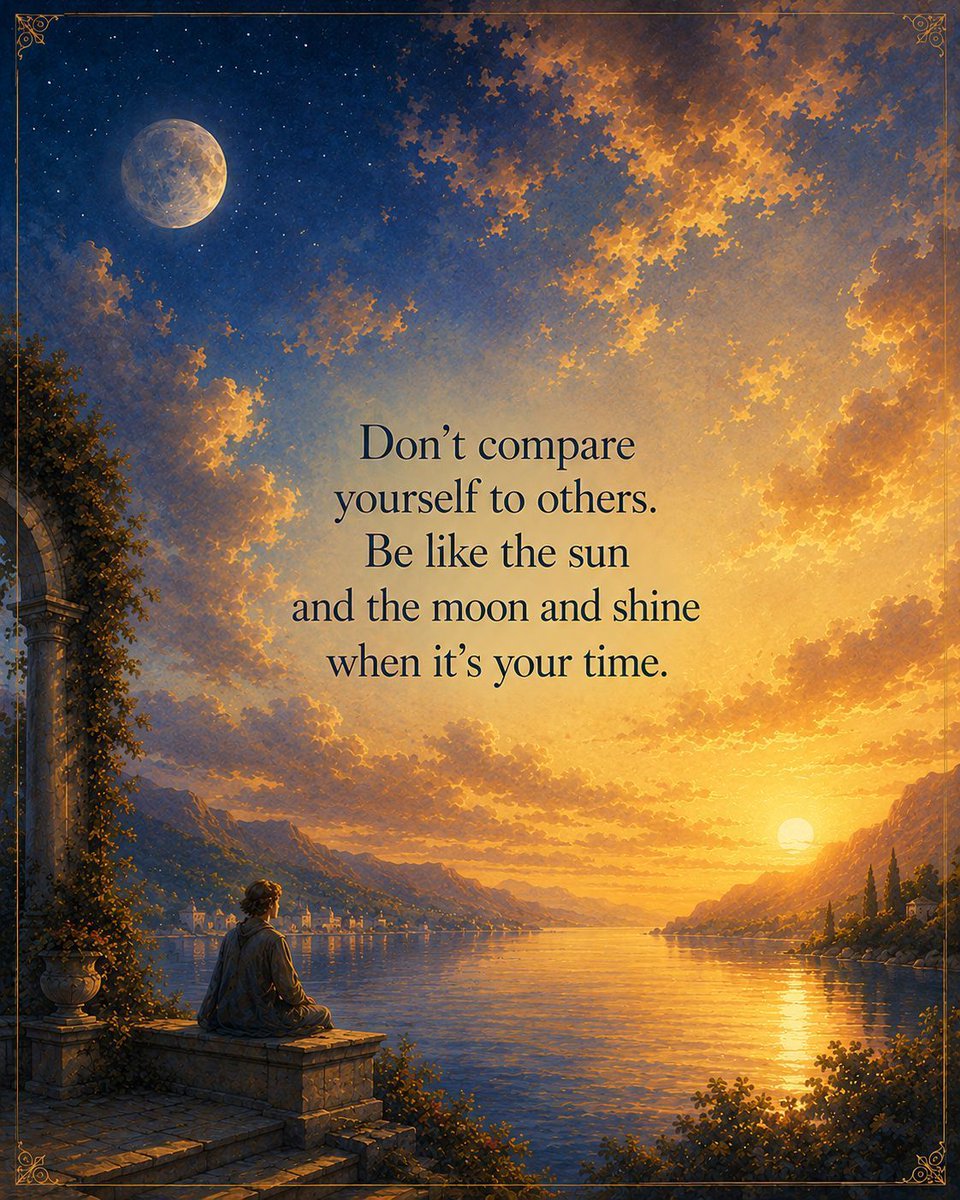 CoachGoldsmith's tweet photo. As affluence has increased in many parts of the world, so has depression and anxiety. 

One reason is that many people spend too much time comparing themselves to others. 

Social media and modern culture constantly encourage us to measure our lives against people we do not even know - people who are often presenting a carefully edited version of reality.

Wake up. Do your best. Then let go of the endless comparison game. Most of the people you envy are not thinking about you at all. They are busy worrying about themselves.

Life is short. You do not need to win someone else’s race.

Be yourself. Build the life that is meaningful to you. Appreciate your own gifts, your own timing, and your own journey.

The sun and the moon both shine brilliantly - each in their own time and each in their own way.

Life is good.
Marshall