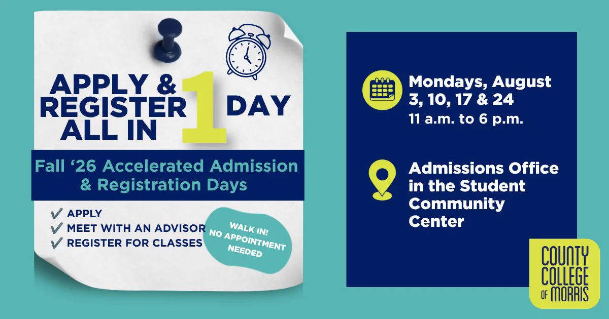 Flyer promoting Fall '26 Accelerated Admission and Registration Days with walk-in registration and advisor meetings in one day.