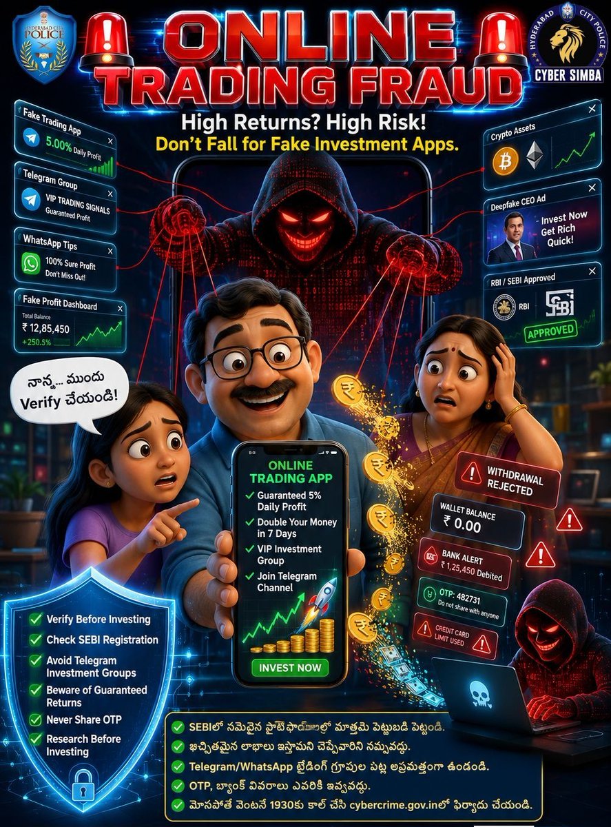 CyberCrimeshyd's tweet photo. Online Trading Fraud Alert! 🚨

Scammers lure victims with promises of guaranteed returns, fake trading apps, Telegram/WhatsApp investment groups, and fraudulent profit dashboards. Always verify whether an investment platform is SEBI-registered, never trust unrealistic profit claims, and never share your OTP or banking details with anyone. Stay alert, invest wisely, and protect your hard-earned money.

📞 If you become a victim of cyber fraud, immediately call 1930 or report it at https://t.co/5sQFE4BonR.

🚨 ఆన్‌లైన్ ట్రేడింగ్ మోసాల పట్ల అప్రమత్తంగా ఉండండి! 🚨

ఖచ్చితమైన లాభాలు, నకిలీ ట్రేడింగ్ యాప్‌లు, Telegram/WhatsApp పెట్టుబడి గ్రూపులు, తప్పుడు లాభాల డ్యాష్‌బోర్డులు చూపిస్తూ సైబర్ నేరస్థులు ప్రజలను మోసం చేస్తున్నారు. పెట్టుబడి పెట్టే ముందు ఆ ప్లాట్‌ఫారమ్ SEBIలో నమోదైందో లేదో తప్పనిసరిగా పరిశీలించండి. అధిక లాభాల హామీలను నమ్మవద్దు. OTP, బ్యాంక్ ఖాతా వివరాలు, వ్యక్తిగత సమాచారాన్ని ఎవరికీ పంచుకోవద్దు. అప్రమత్తంగా ఉండండి... సురక్షితంగా పెట్టుబడి పెట్టండి.

📞 సైబర్ మోసానికి గురైతే వెంటనే 1930కు కాల్ చేయండి లేదా https://t.co/5sQFE4BonRలో ఫిర్యాదు చేయండి.