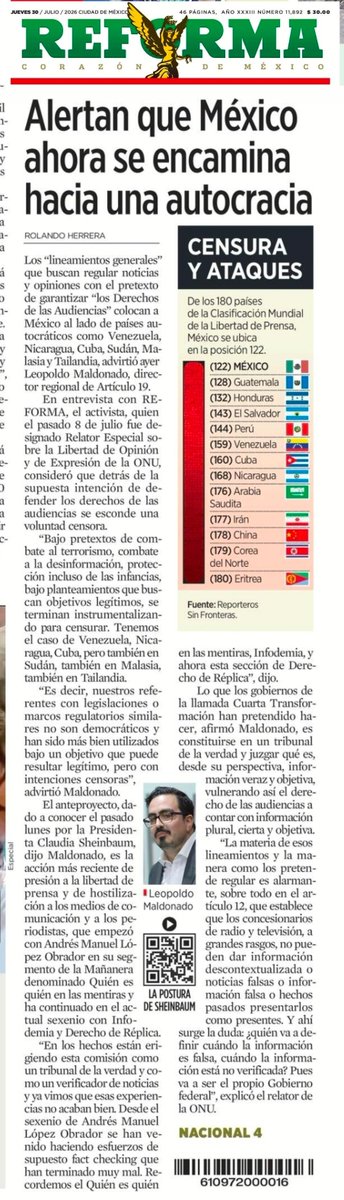 Melissa_Bely's tweet photo. 🚨 VERGONZOSO

¡ Se va a enojar doña Florinda !

Relator de la ONU exhibe que con lo que hará Claudia Sheinbaum, México queda junto a Venezuela, Cuba y Nicaragua en censura.

El Gobierno federal ahora será...
¡ juez y parte !

Vamos hacia una AUTOCRACIA.

Así de claro.. https://t.co/UdFHTTgLBJ