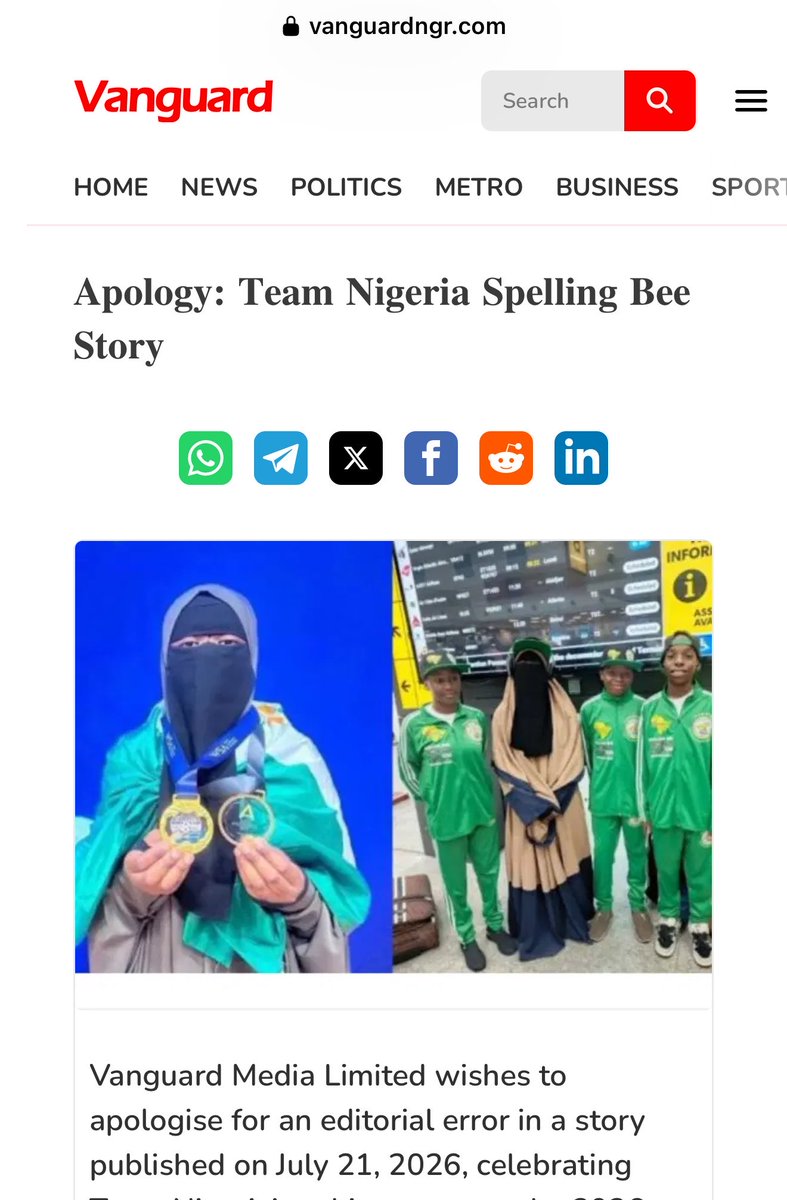 AbuMustaeina's tweet photo. 1/4. So Vanguard published an apology and I think it’s fair I report this too because we are Muslims, we are the people of fairness.

@vanguardngrnews Vanguard Media Limited wishes to apologise for an editorial error in a story published on July 21, 2026, celebrating Team https://t.co/nBykosMlKy