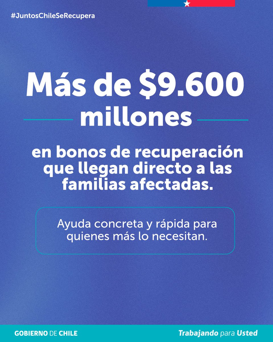 GobiernodeChile's tweet photo. ¡El Bono de Recuperación ya está llegando a las familias! 🏠 🫂

Más de $9.600 millones en bonos de recuperación estarán llegando a cerca de 12.000 familias afectadas por el sistema frontal.

🔵 Si tu hogar resultó afectado y aún no tienes tu FIBE, asegúrate de que un funcionario acreditado te aplique la ficha.

#JuntosChileSeRecupera 🇨🇱