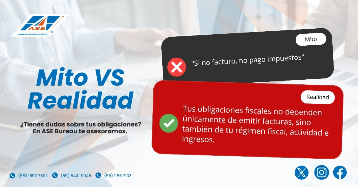 AseContadores's tweet photo. 🤔 ¿Mito o realidad?
No facturar no significa que estés libre de obligaciones fiscales. 
📲 En ASE Bureau te ayudamos a cumplir con el SAT sin complicaciones.

(55) 1552 7691 • (55) 5441 9045 • (55) 1186 7103
🌐 https://t.co/ywBt5yhsF7
📩 contacto@asebureau.com.mx https://t.co/o6wkZxGulb