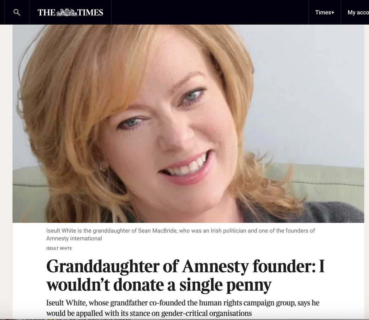 CotlerWunsh's tweet photo. “I am very sad to say it, but I would not donate a single penny to Amnesty at this stage…Amnesty has moved so far away from their original mission...How can you have any faith about any statements they put out about human rights, around the world, when they are completely misrepresenting the situation in the UK and Ireland?” @iseult 

Echoing below warning of @hrw founder Robert Bernstein z”l, granddaughter of @amnesty founder sounds sirens to the collapse of mission, vision, & values these human rights orgs were created, entrusted & funded to uphold & protect equally & consistently, instead emboldening their most egregious violators. 

“Only by returning to its founding mission and the spirit of humility that animated it can Human Rights Watch resurrect itself as a moral force in the Middle East and throughout the world." He continued: "If it fails to do that, its credibility will be seriously undermined and its important role in the world significantly diminished."
