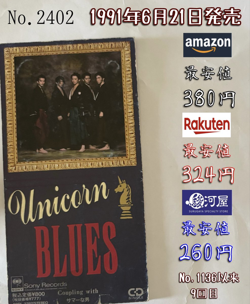 Windjdj's tweet photo. UNICORN / ブルース (1991年発売)
同バンド6枚目のシングル。労働ブルース。
本日キーボードのABEDONが60歳の誕生日を迎えて、メンバー全員が還暦に。
そんなタイミングに3年ぶりのオリジナルアルバムの発売と12月より15箇所19公演に及ぶ全国ツアーの開催を発表。#1日1枚8cm https://t.co/BbJPMfGPhG