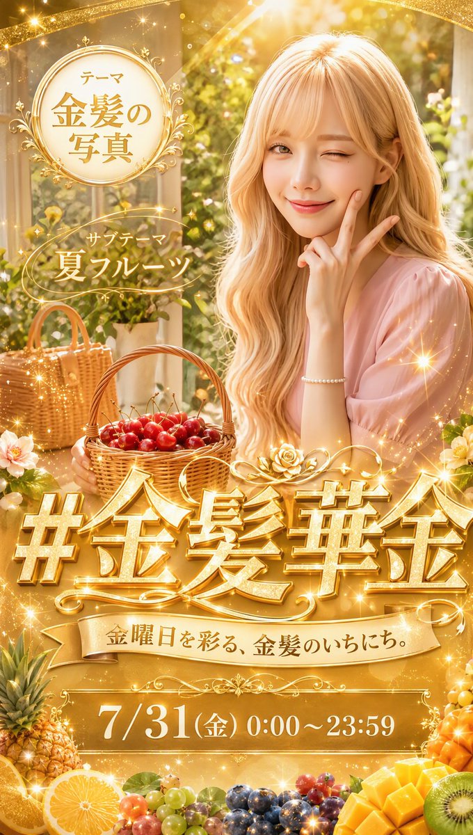 Reina_Bunny_ai's tweet photo. 【金髪華金イベント開催中💛✨️】
記事に20種類のプロンプト用意してあるよ💖
金曜日を彩る、金髪のいちにち✨️

・イベントタグ　#金髪華金　
・開催日時　7/31(金)0:00〜23:59
華金💛金曜日恒例イベント💛

・テーマ『金髪の写真』
過去作品もOK、イラストもリアルも大歓迎💛

・レイナ会場🐰:『夏フルーツ』

スイカ、メロン、桃、パイナップル、マンゴー、レモンなど、夏フルーツを感じられる作品ならなんでもOK🍉
衣装や小物だけでも大歓迎です✨️

サブテーマなしでの参加も大歓迎だよ😊
↓↓↓
金髪華金のために、20種類のプロンプトを記事にまとめてあるからぜひ使ってね😊✨️
https://t.co/aQxgJdHbOc

↓↓↓
・ニーナ会場💖:『トロピカル』
（@AI_NINA0217）
ハイビスカス、ヤシの木、南国の花、トロピカルドリンク、フルーツ、南国風の景色やリゾートなど、トロピカルな雰囲気を���じられる作品ならなんでもOK🌺
背景や小物だけでも大歓迎です😊

お気軽に #金髪華金 を付けて投稿してくださいね✨️
何枚でも大丈夫ですが、
無理せずに���しんでください💛

⚠️注意事項です
・タグ検索しますので、本文の最初の方にタグを付けていただけると助かります。
・イベントタグ含め2つくらいを目安にお願いします。
・過度なセンシティブ表現（エロ・グロ・下着など露出多め）はご遠慮ください。
・版権・二次創作はご遠慮ください。
・検索除外や影🍞の方の作品はRP等出来ませんので予め御了承下さい。