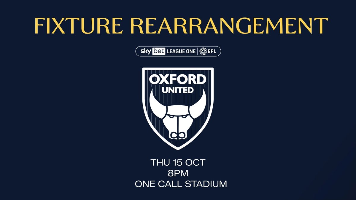 mansfieldtownfc's tweet photo. 📅 Mansfield Town’s Sky Bet League One fixture at home to Oxford United has been rearranged to take place on Thursday 15 October (8pm kick-off) after being selected for TV coverage.

#Stags 🟡🔵 https://t.co/a3Pm4CQti4