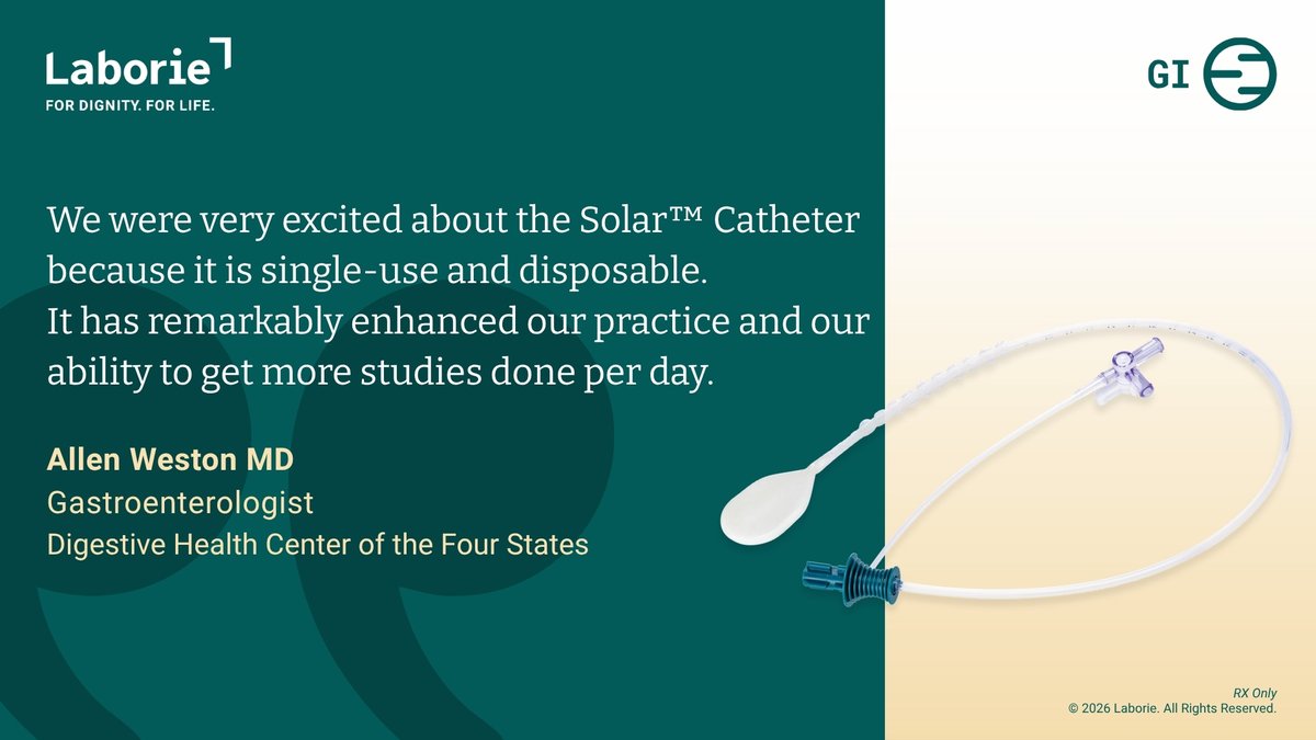 gi_laborie's tweet photo. Hear from Allen, a Gastroenterologist at Digestive Health Center of the Four States, about how the Solar™ Catheter has enhanced efficiency in their practice.
 
The Solar™ Catheter is the first air-charged catheter designed for high-resolution anorectal manometry. It features a single-use, disposable design with a single connection and is indicated for both adult and pediatric patients. The catheter is compatible with the Solar™ Compact, a portable high-resolution manometry system, as well as the Solar™ GI High-Resolution Manometry System.
 
Want to learn more about how Solar™ Compact and the Solar™ Catheter would benefit your practice? Visit: https://t.co/H7YXnVOFIM
 
For complete instructions for use and other information, please refer to the insert accompanying each product or online at https://t.co/XYj0UqZrg3
 
#Laborie #ForDignityForLife #Gastroenterology #GI