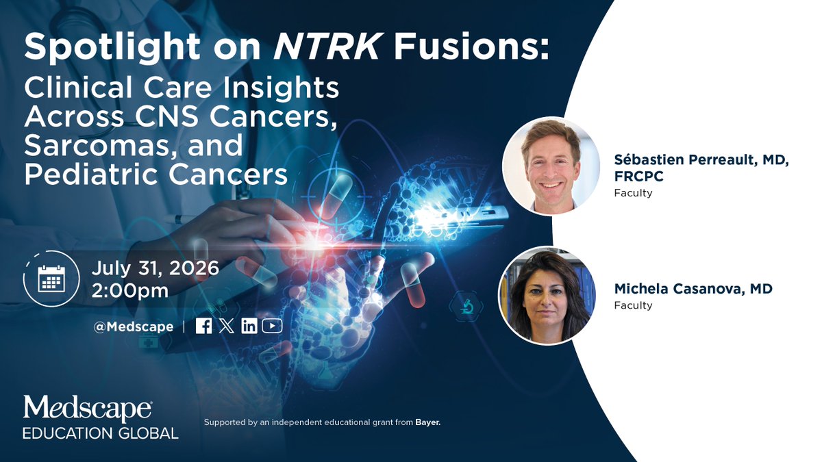 MedscapePath's tweet photo. LIVE TOMORROW ➡️ Explore emerging data &amp; practical considerations for initiating therapy in NTRK fusion-positive cancers with expert faculty. Bring your Qs!

📅 July 31st
⏰ 2:00pm ET
🔗 https://t.co/CSxGWbQLPA

#Oncology #PrecisionMedicine #MedscapeEducation https://t.co/iUsWiQQ0XJ