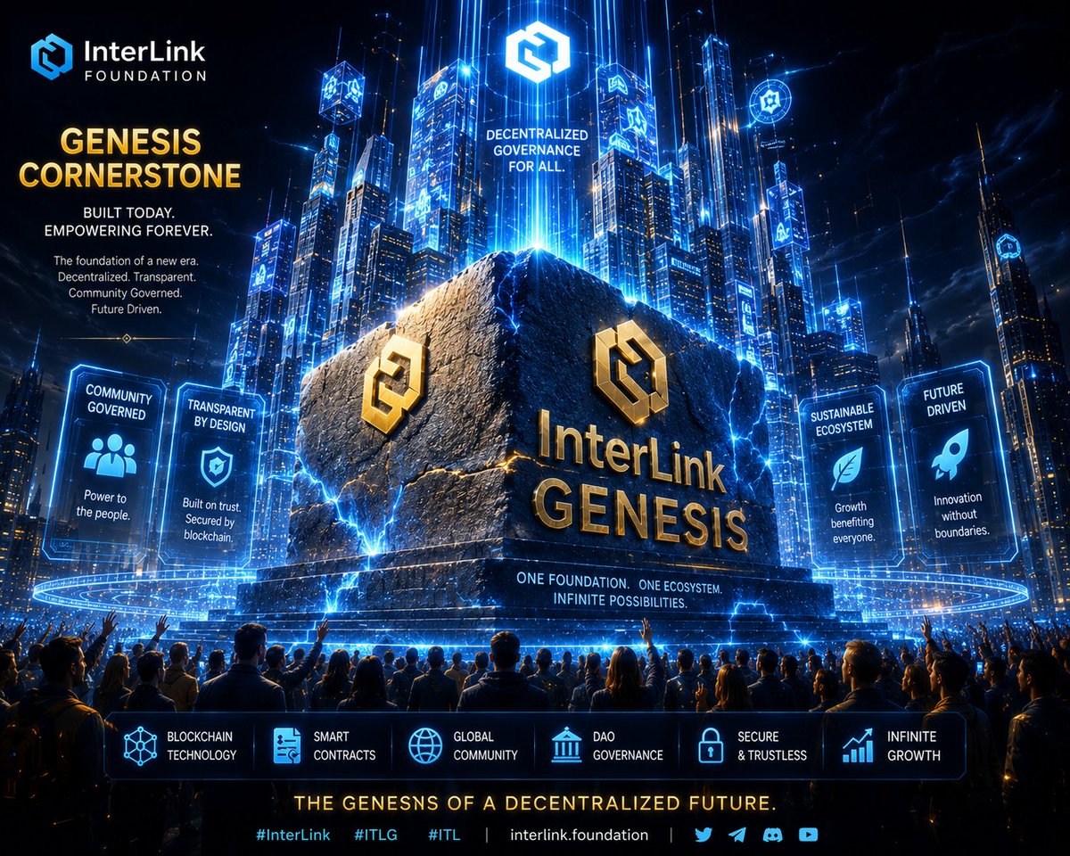 DannyLibna24256's tweet photo. Genesis Cornerstone
Massive glowing cornerstone engraved with "InterLink Genesis", supporting futuristic skyscrapers made of blockchain data, symbolizing the foundation of decentralized governance, blue neon energy, cinematic masterpiece, 8K. #Interlink #ITLG #ITL https://t.co/ACAmLeymg7