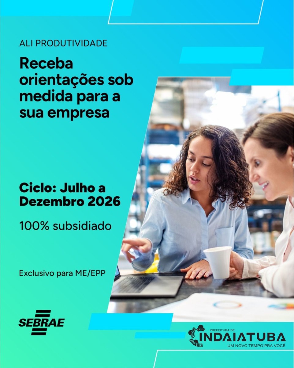indaiatubapref's tweet photo. Continuam abertas as inscrições para o Programa ALI Produtividade. A iniciativa, promovida pelo Sebrae gratuitamente, oferece acompanhamento especializado para microempresas (ME) e empresas de pequeno porte (EPP).

Saiba mais: https://t.co/jDwK4wGu1n https://t.co/Hx6Wd3Poiz