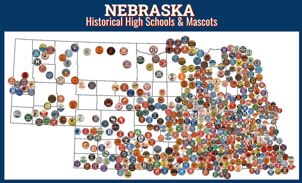 SuitUpVarsity's tweet photo. This baby took a while!
A map of Nebraska's historical mascots and school colors.

Take a look.  See any missing or messed up? (I know I sacrificed geography for fit at times.)

(Posters available soon!) https://t.co/Wr6lr3gxsf