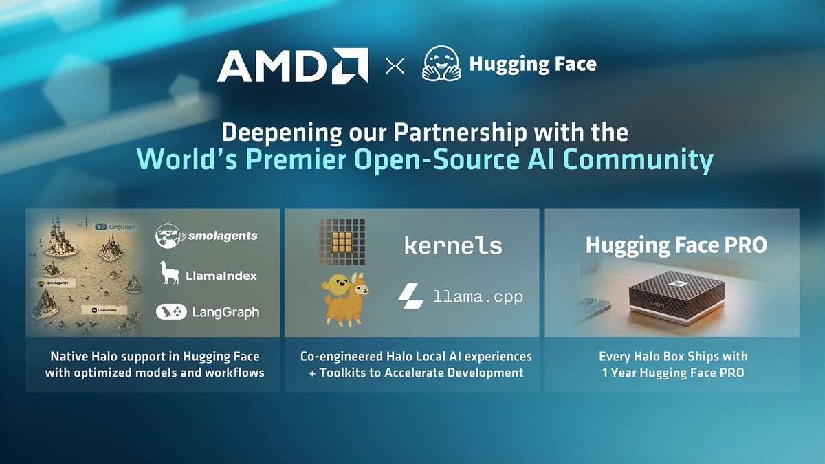 AMDRyzen's tweet photo. At #AdvancingAI 2026, AMD announced an expanded partnership with @huggingface to bring optimized open models, libraries and toolkits to Ryzen AI Halo, helping developers spend less time configuring infrastructure and more time building applications.
And later this year, every AMD Ryzen AI Halo developer platform will ship with a free year of Hugging Face PRO.