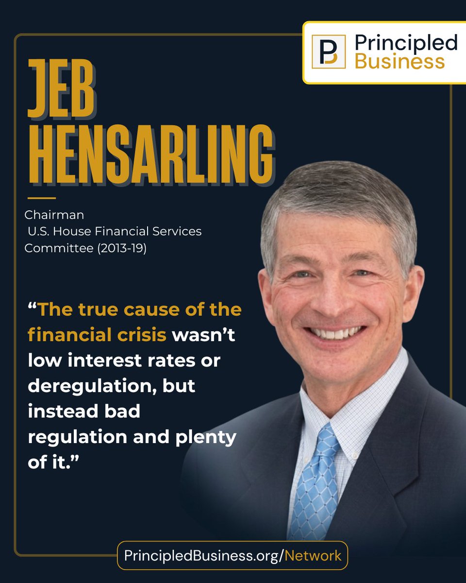 PrincipledBus's tweet photo. @JebHensarling, speaker at the Principled Business Summit Austin 2026, published an article in the Wall Street Journal on the 2008-09 financial crisis.

In the article, Hensarling challenges the common narrative. Deregulation did not cause the crisis. The data show a different story:

Community Reinvestment Act lending grew from $8.8 billion to $4.5 trillion between 1992 and 2007.
Fannie Mae and Freddie Mac raised their low-income lending quotas from 30% to 56% by 2008.
Greenspan warned about these risks before the crisis hit.
Read the full article here: https://t.co/EKjxBBzuTR

Hear Jeb Hensarling in person at the Principled Business Summit Austin 2026. Get your ticket now and access direct conversations with leaders like him.

Get your ticket here: https://t.co/D5QmpPHsIH