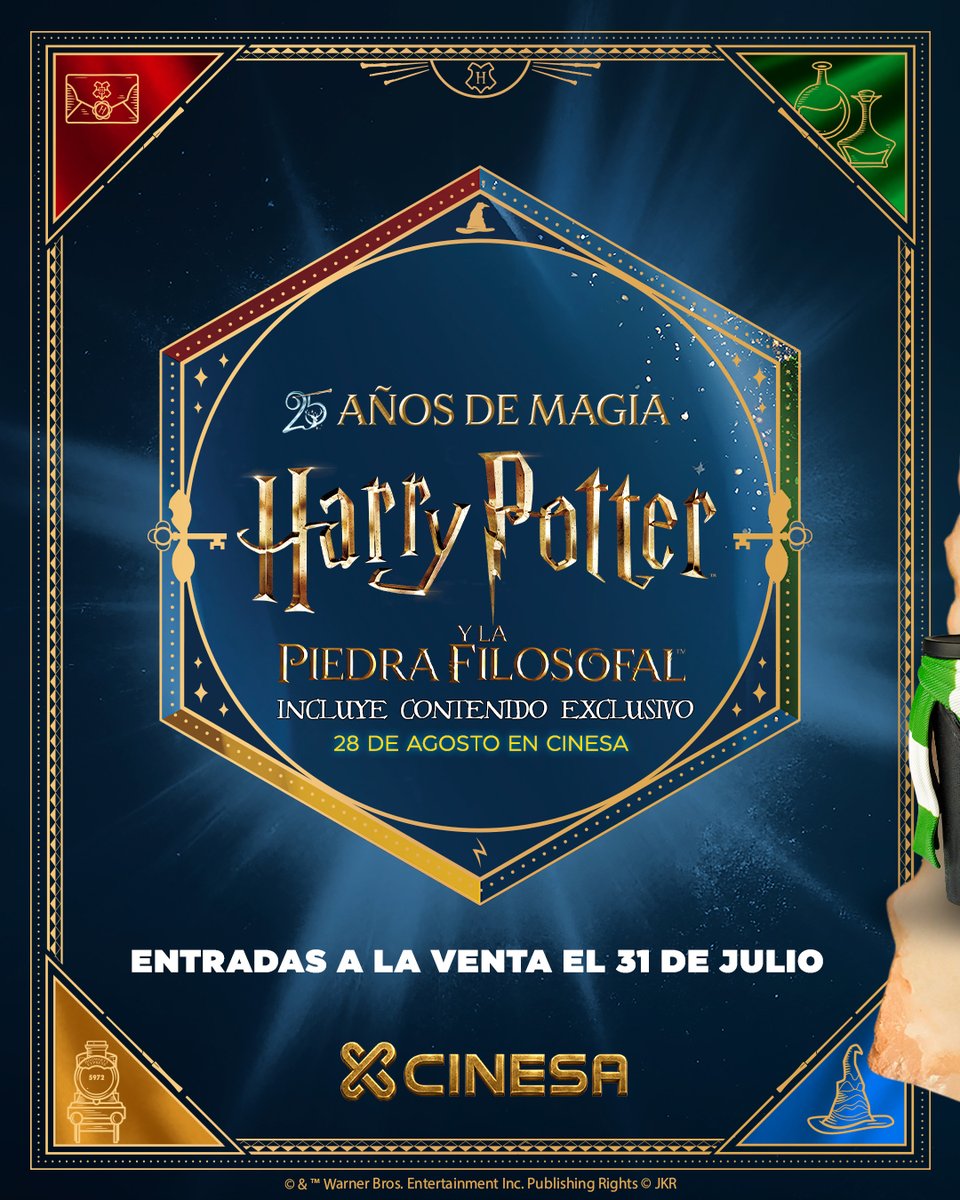 Cinesa's tweet photo. ⚡🦉 La magia vuelve a Cinesa.
🎟️ Entradas a la venta el 31 de julio para celebrar los 25 años de Harry Potter y la Piedra Filosofal.
✨ Contenido exclusivo 🚂 Cubo Hogwarts Express 🏰 Vasos coleccionables de las casas de Hogwarts
📅 28 de agosto en https://t.co/U3tUeVlL1j https://t.co/5uWoIQ1GBd