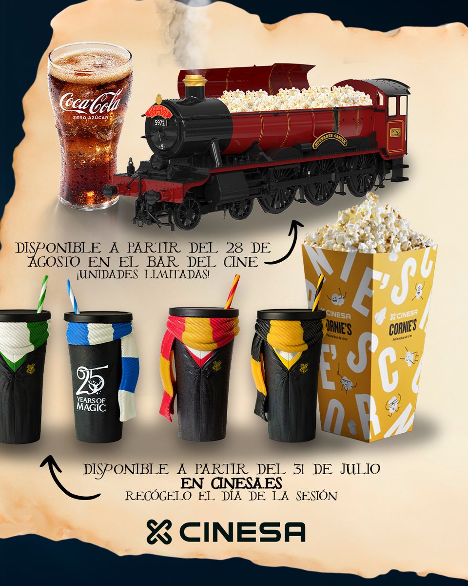Cinesa's tweet photo. ⚡🦉 La magia vuelve a Cinesa.
🎟️ Entradas a la venta el 31 de julio para celebrar los 25 años de Harry Potter y la Piedra Filosofal.
✨ Contenido exclusivo 🚂 Cubo Hogwarts Express 🏰 Vasos coleccionables de las casas de Hogwarts
📅 28 de agosto en https://t.co/U3tUeVlL1j https://t.co/5uWoIQ1GBd