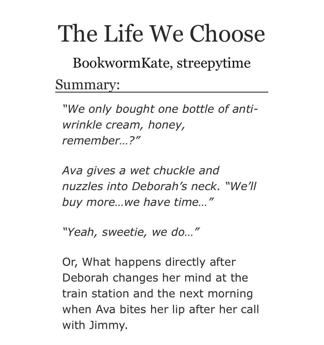 AvorahOfOurOwn's tweet photo. 📖 The Life We Choose by @BkwmK8 and @SophieRipley8
⭐ Mature
✅ One-shot
🌀 Canon divergent
💘 Fix-It
🔗 https://t.co/4b5uXsZijP https://t.co/24vjU5L0Nd