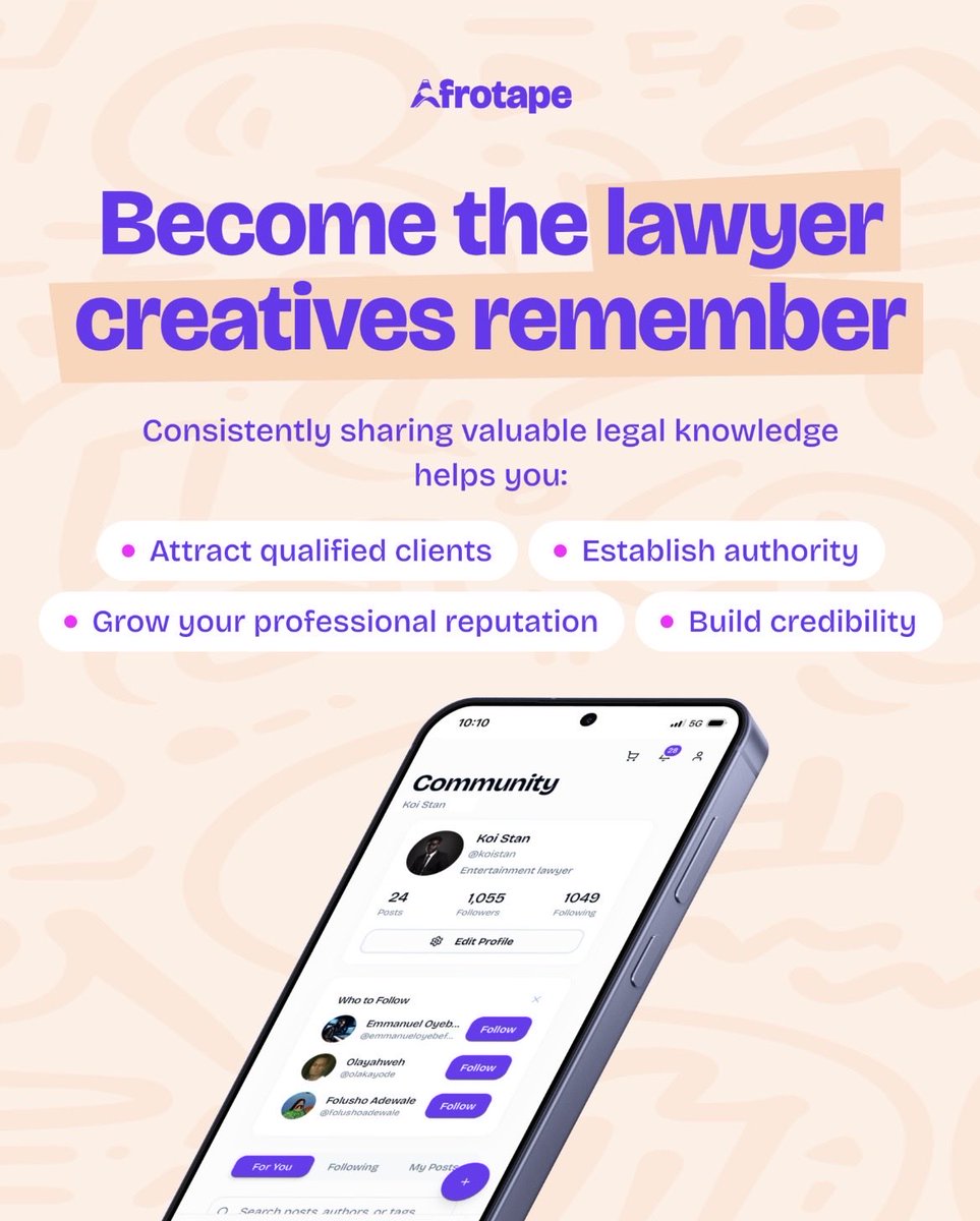 afrotape_app's tweet photo. Entertainment law is not just about disputes, it’s about prevention.

Share your expertise, educate creators, and connect with the community on AFROTAPE.

📲 Download AFROTAPE on App Store and Google Play. https://t.co/vNC4aoXWwr