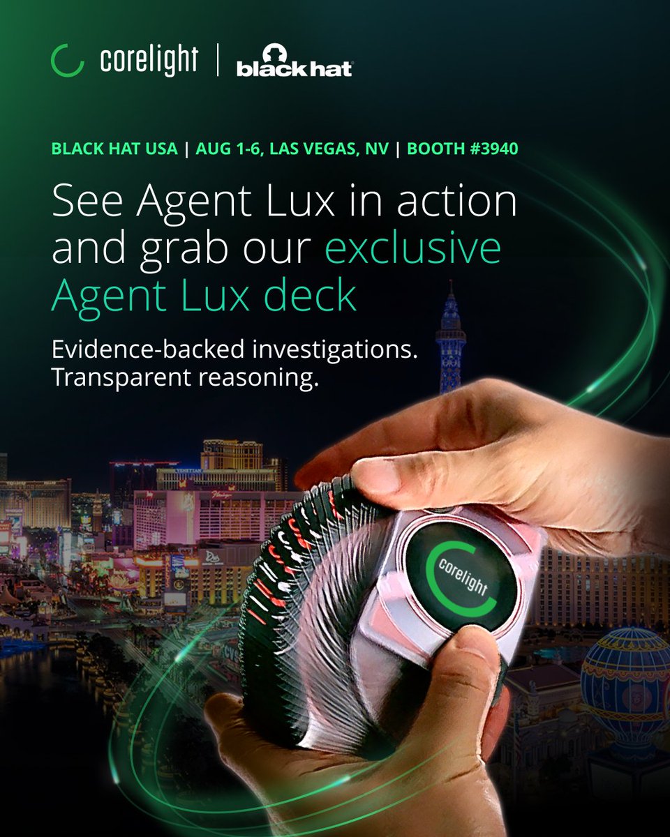 corelight_inc's tweet photo. Something new is coming to Booth #3940 at @BlackHatEvents
 USA!

Meet Agent Lux, Corelight's multi-utility agentic system, built to handle the investigative volume that slows analysts down while keeping every verdict transparent and grounded in network evidence. 

Stop by the booth to see Agent Lux in action and pick up an exclusive Agent Lux card deck.

Plan your visit: https://t.co/fplVvZsr86

#BlackHat #BHUSA #Cybersecurity #NetworkSecurity