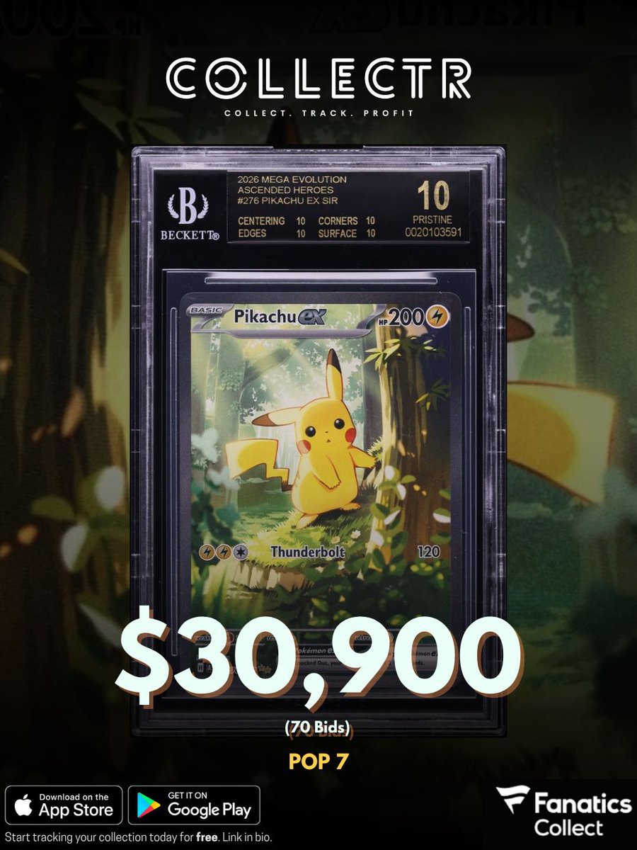 getcollectrapp's tweet photo. A BGS Black Label 10 Pikachu ex from Ascended Heroes recently sold on Fanatics Collect for $30,900.
This card is a POP 7.
#collectr #pikachu #blacklabel #ascendedheroes #pokemon https://t.co/v0sBHhHpda