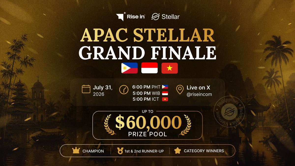 PHI_Stellar's tweet photo. 🚨 T-1 DAY! Tomorrow is the day.

🇵🇭🇮🇩🇻🇳 The Top 10 teams from the Philippines, Indonesia, and Vietnam will compete at the APAC @StellarOrg Grand Finale.

🏆 USD 60,000 Prize Pool
🌏 3 Competition Categories
🥇 12 Winners (4 per category)
👩‍⚖️ 8 Expert Judges

📅 31 July 2026
🕕 6:00 PM (GMT+8)
📺 Watch LIVE on X: @riseinweb3 

Good luck to all the finalists! Bring your best pitch, impress the judges, and showcase the impact of what you've built.

May the best projects win! 🚀

#BuildOnStellar