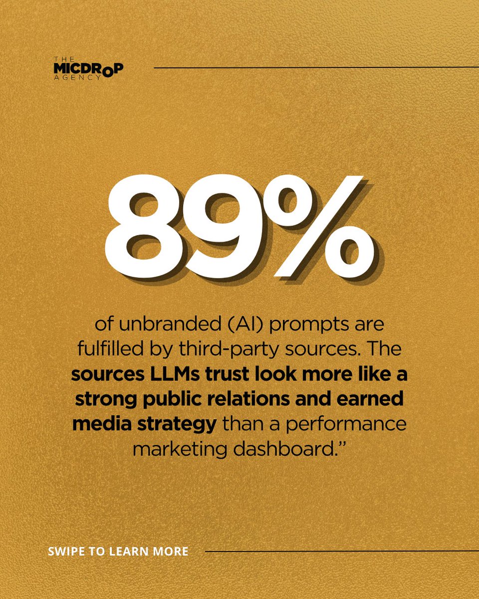 MicDropPR's tweet photo. 44% of buyers now start their search in an LLM.

89% of AI answers pull from third-party sources.

If AI doesn't know you, your buyers won't either. Earned media is what trains the models building their shortlist.

🔗 https://t.co/Y8daD6Jm4N

#techpr #b2bmarketing #pragency https://t.co/a92CjgPZ7l