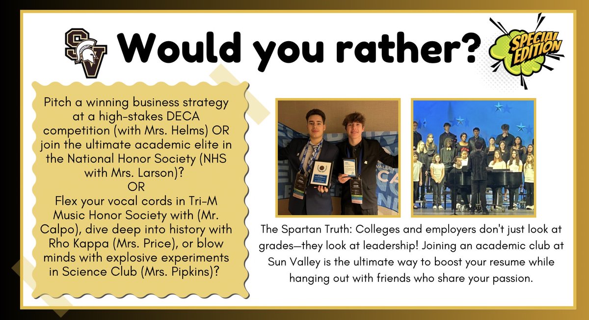 SunValleyHSNC's tweet photo. The Spartan Truth: Colleges and employers don't just look at grades—they look at leadership!
Joining an academic club or honor society at Sun Valley is the ultimate way to boost your resume while hanging out with friends who share your passion. 🙌💯
@UCPSNC @AGHoulihan https://t.co/NpRINMeyX4