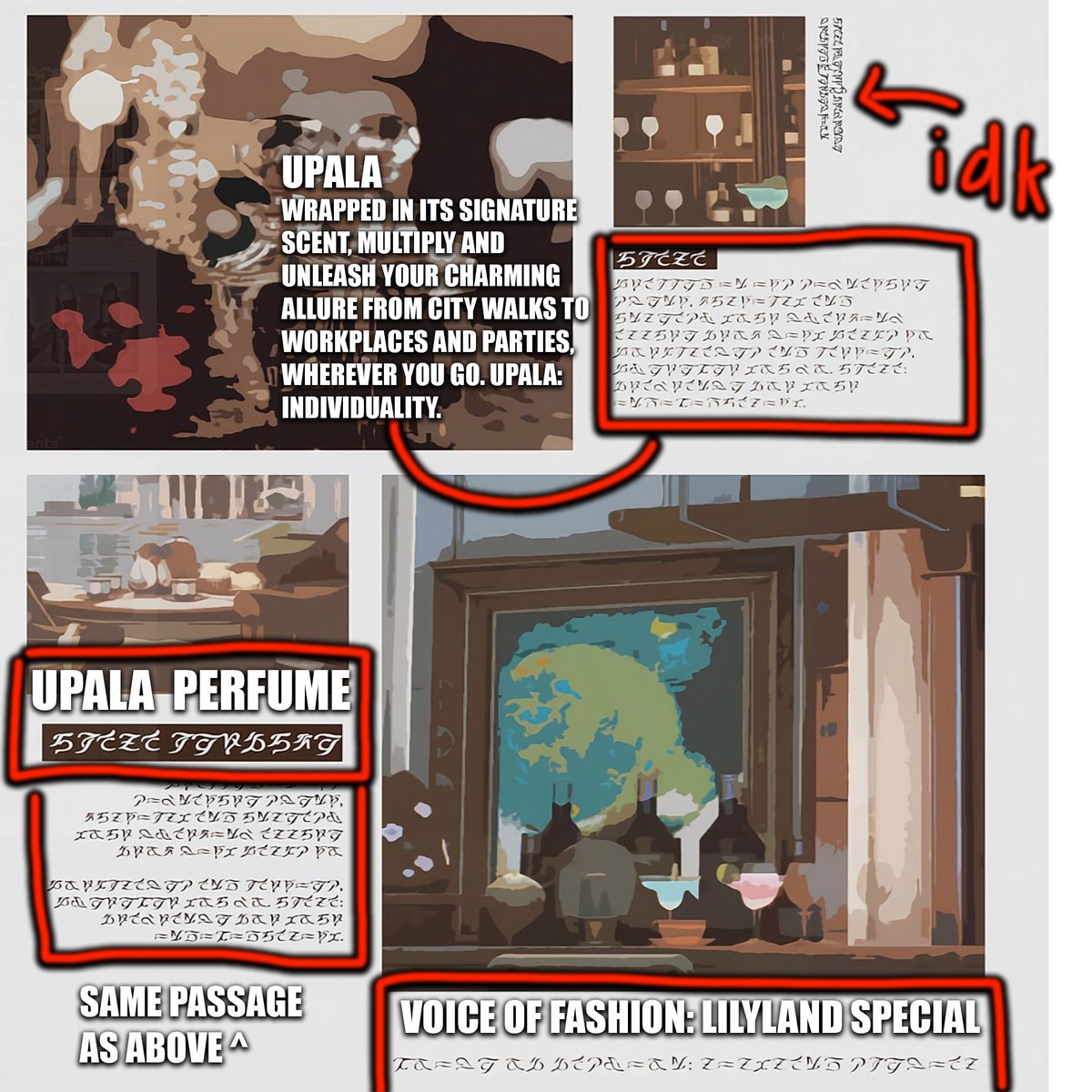 bukibread's tweet photo. Here is Zani's four unique magazine pages chock full of Lilyland info, did this over two days with some help to make the text legible. Video link in comments where I discuss + theorise over new info

RED is spelling mistakes/corrections (I discuss each one in video and my thoughts when TL'ing them)