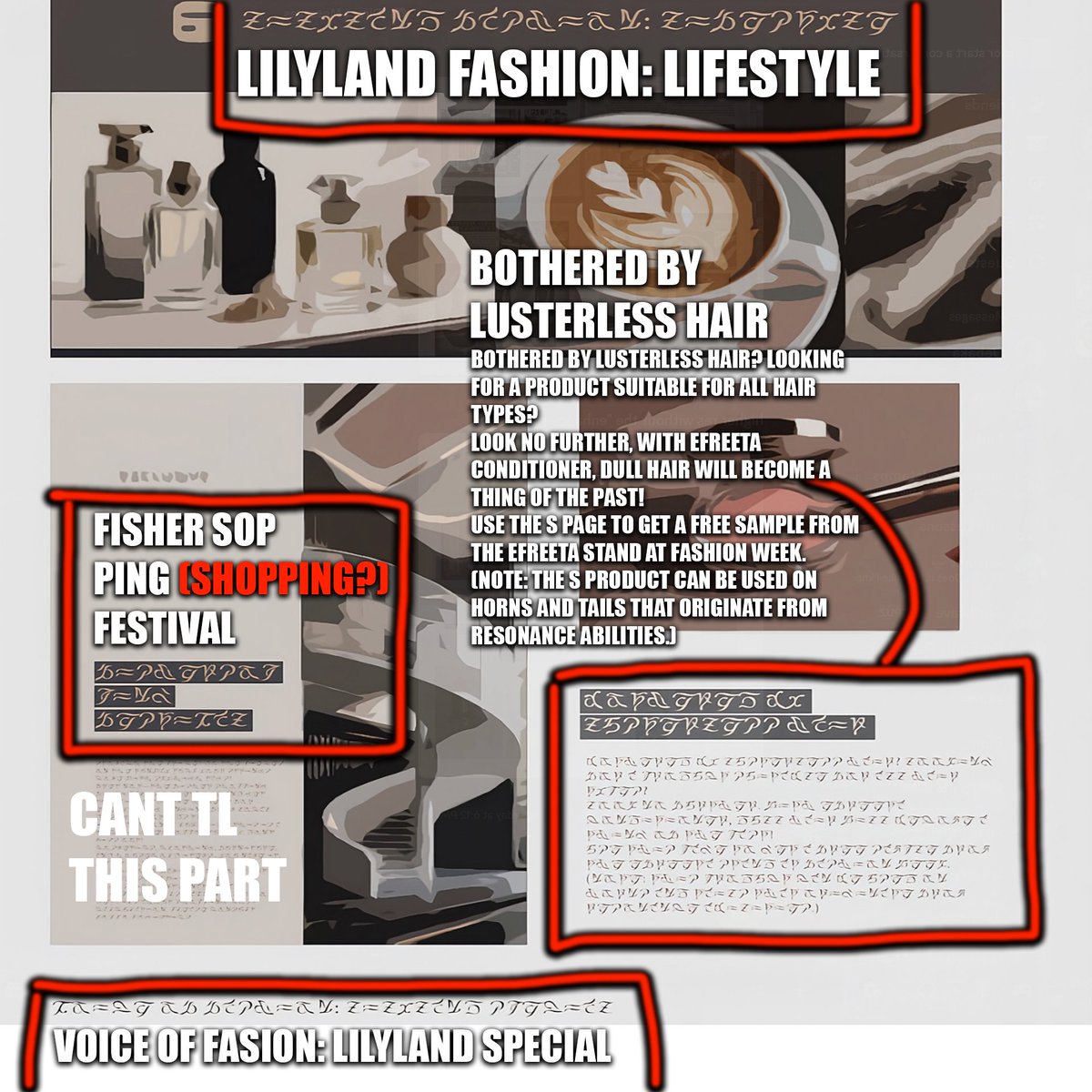 bukibread's tweet photo. Here is Zani's four unique magazine pages chock full of Lilyland info, did this over two days with some help to make the text legible. Video link in comments where I discuss + theorise over new info

RED is spelling mistakes/corrections (I discuss each one in video and my thoughts when TL'ing them)