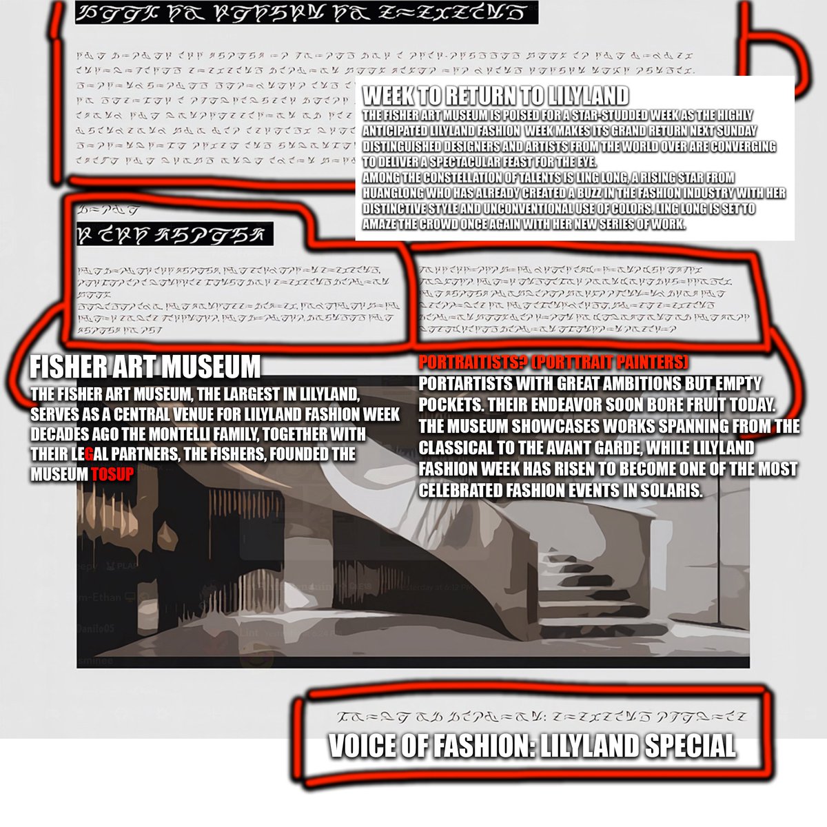 bukibread's tweet photo. Here is Zani's four unique magazine pages chock full of Lilyland info, did this over two days with some help to make the text legible. Video link in comments where I discuss + theorise over new info

RED is spelling mistakes/corrections (I discuss each one in video and my thoughts when TL'ing them)
