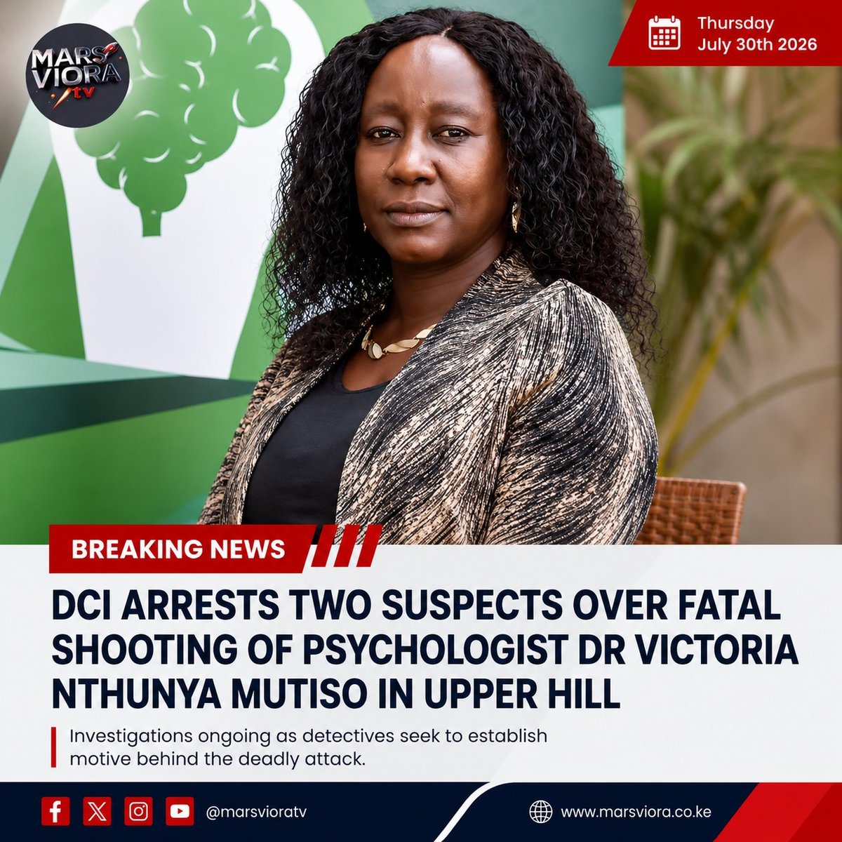 SayyHassan's tweet photo. Two suspects have been arrested by the DCI in connection with the fatal shooting of psychologist Dr. Victoria Nthunya Mutiso in Nairobi's Upper Hill. Investigations are ongoing as detectives pursue further leads. #BreakingNews #KenyaNews #DCI De La Rue https://t.co/GDZdTIVUPe