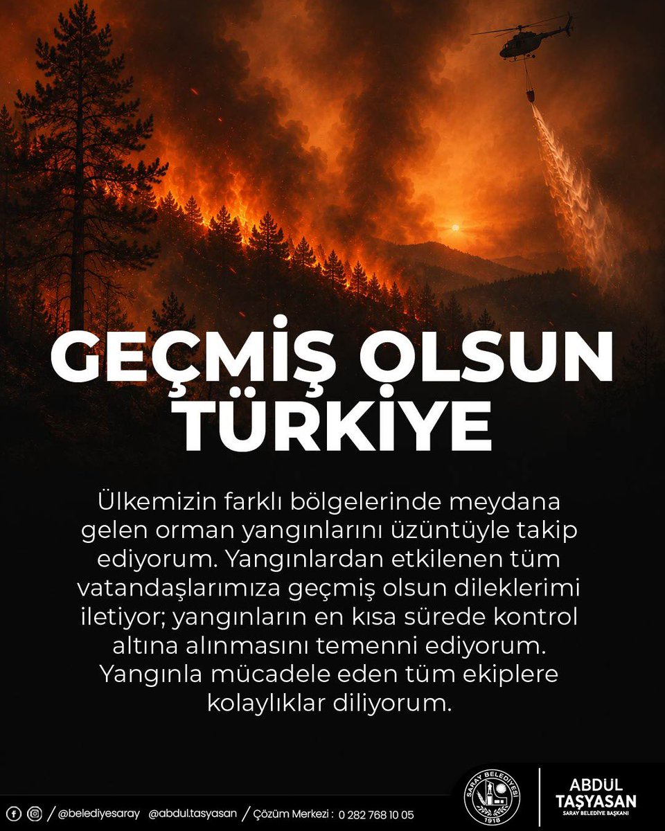 abdultasyasan's tweet photo. Geçmiş olsun Türkiye…

Ülkemizin farklı bölgelerinde meydana gelen orman yangınlarını üzüntüyle takip ediyorum. Yangınlardan etkilenen tüm vatandaşlarımıza geçmiş olsun dileklerimi iletiyor; yangınların en kısa sürede kontrol altına alınmasını temenni ediyorum. https://t.co/dzqoETlNxK