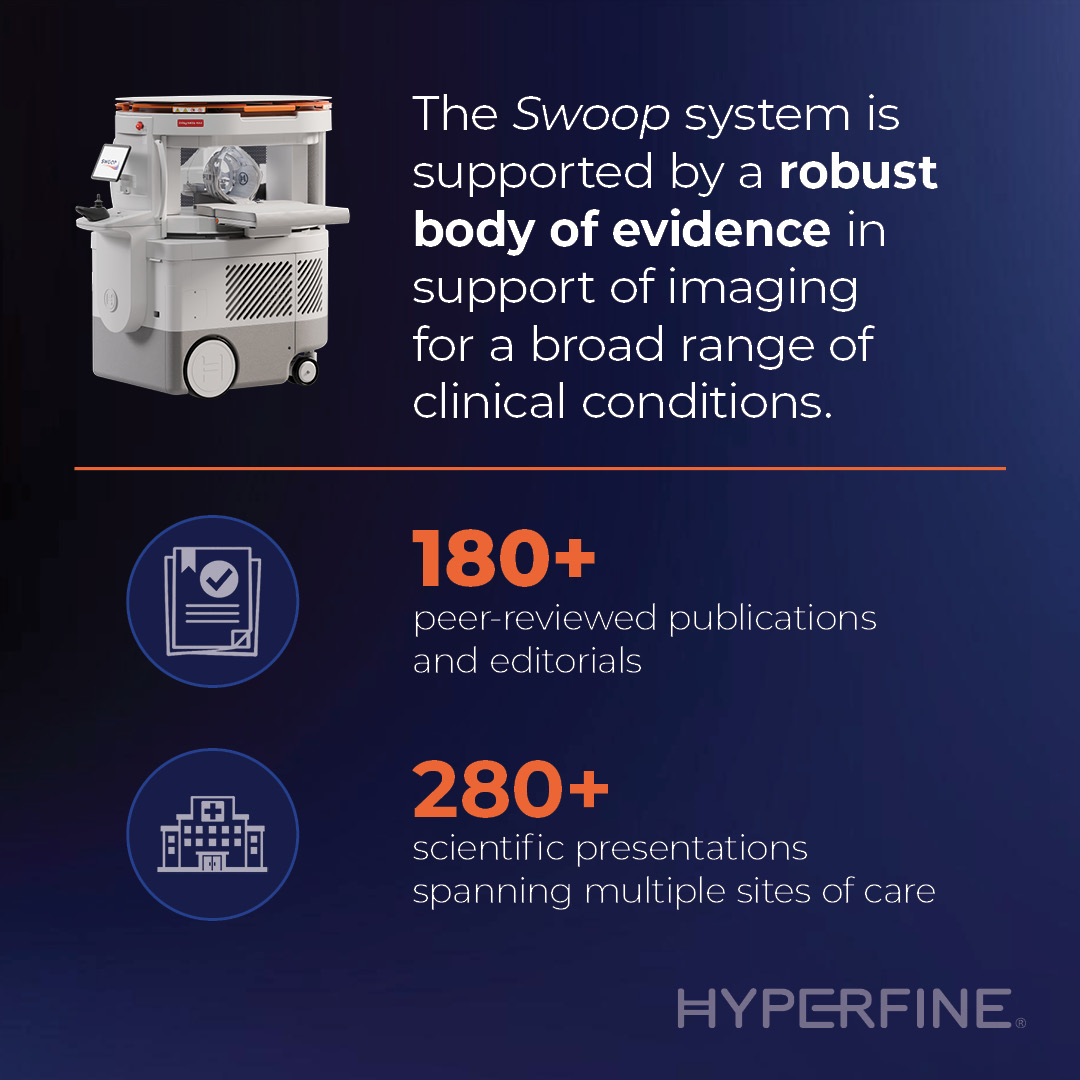 Hyperfine's tweet photo. #NEWS! #Hyperfine announces the release of multiple peer-reviewed publications in Stroke and the Journal of Neurosurgery, expanding evidence for the Swoop® system in multiple sites of care. The collection of publications in Stroke added to the growing body of evidence supporting the value of low-field MRI across the stroke continuum. In the published endovascular neurosurgical procedure cases, the Swoop system provided immediate post-procedure access to imaging, which enabled same-day discharge.
 
These publications add to a substantial clinical foundation: 180+ peer-reviewed publications and 280+ scientific presentations spanning multiple sites of care in support of imaging for a broad range of clinical conditions.  
 
Link to full press release https://t.co/oseHtWbihp
 
#SwoopSystem #PortableMRI #MedTech