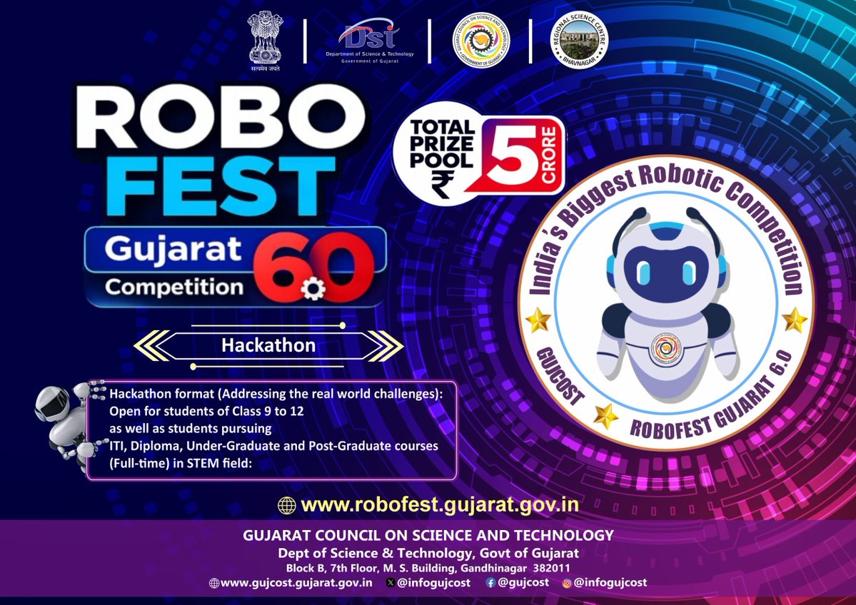 InfoGujcost's tweet photo. Attention Final-Year Engineering Students!

While the Junior & Senior categories of #RobofestGujarat6 are not open to final-year engineering students, the AI Powered Robotics Innovation Challenge #hackathon is designed especially for you!

Bring your ideas to life, solve real societal challenges using AI & #Robotics, and showcase your innovation on a national platform.

Eligibility : Open for students of Class 9 to 12 as well as students pursuing ITI, Diploma, Under-Graduate and Post-Graduate courses (Full-time) in STEM field.

Last Date: 10 August 2026
Visit: https://t.co/RjL6IhKSvx
#Hackathon #EngineeringTheFuture #AI #Robotics 
@PMOIndia @CMOGuj @arjunmodhwadia @IndiaDST 
@InfoGujcost  @dstGujarat