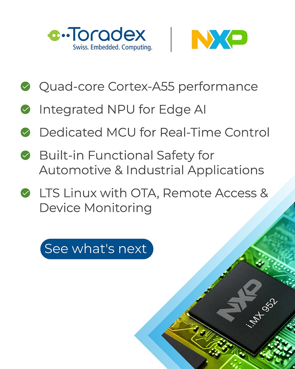Toradex's tweet photo. Our versatile Verdin family is growing.

Meet the Verdin iMX952, combining AI capabilities, advanced multimedia, real-time processing, and the long-term reliability Toradex is known for.

Learn more: https://t.co/iUTCDnLDYu

#EmbeddedComputing #SystemOnModule #NXPpartner @NXP https://t.co/D5q5WKOdt1