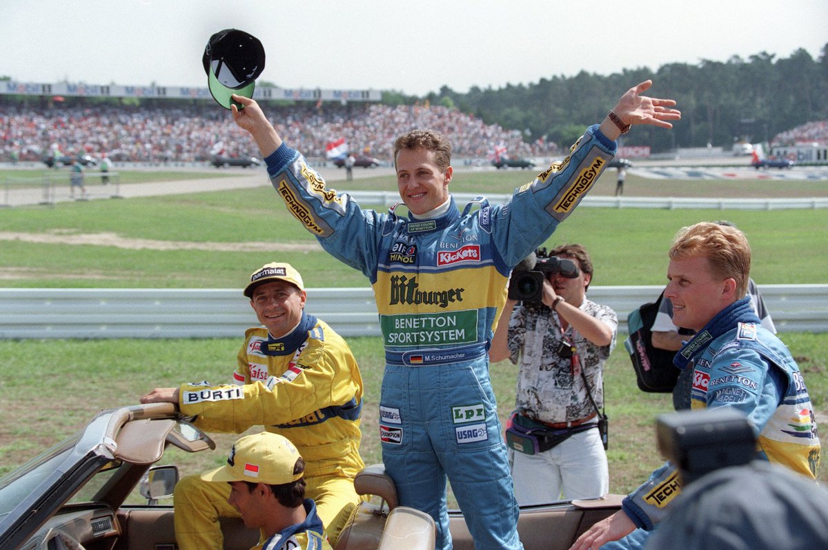 schumacher's tweet photo. “Schumania” at its finest - with his victory at the F1 German Grand Prix 1995, Michael sent Hockenheim into a frenzy.
#OTD
#TeamMSC
#TeamMichael
#KeepFighting
#AFP https://t.co/juVhk8d1PI