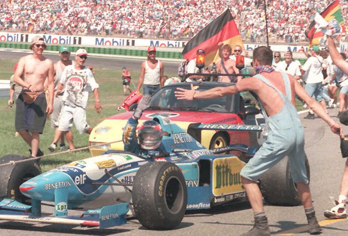 schumacher's tweet photo. “Schumania” at its finest - with his victory at the F1 German Grand Prix 1995, Michael sent Hockenheim into a frenzy.
#OTD
#TeamMSC
#TeamMichael
#KeepFighting
#AFP https://t.co/juVhk8d1PI