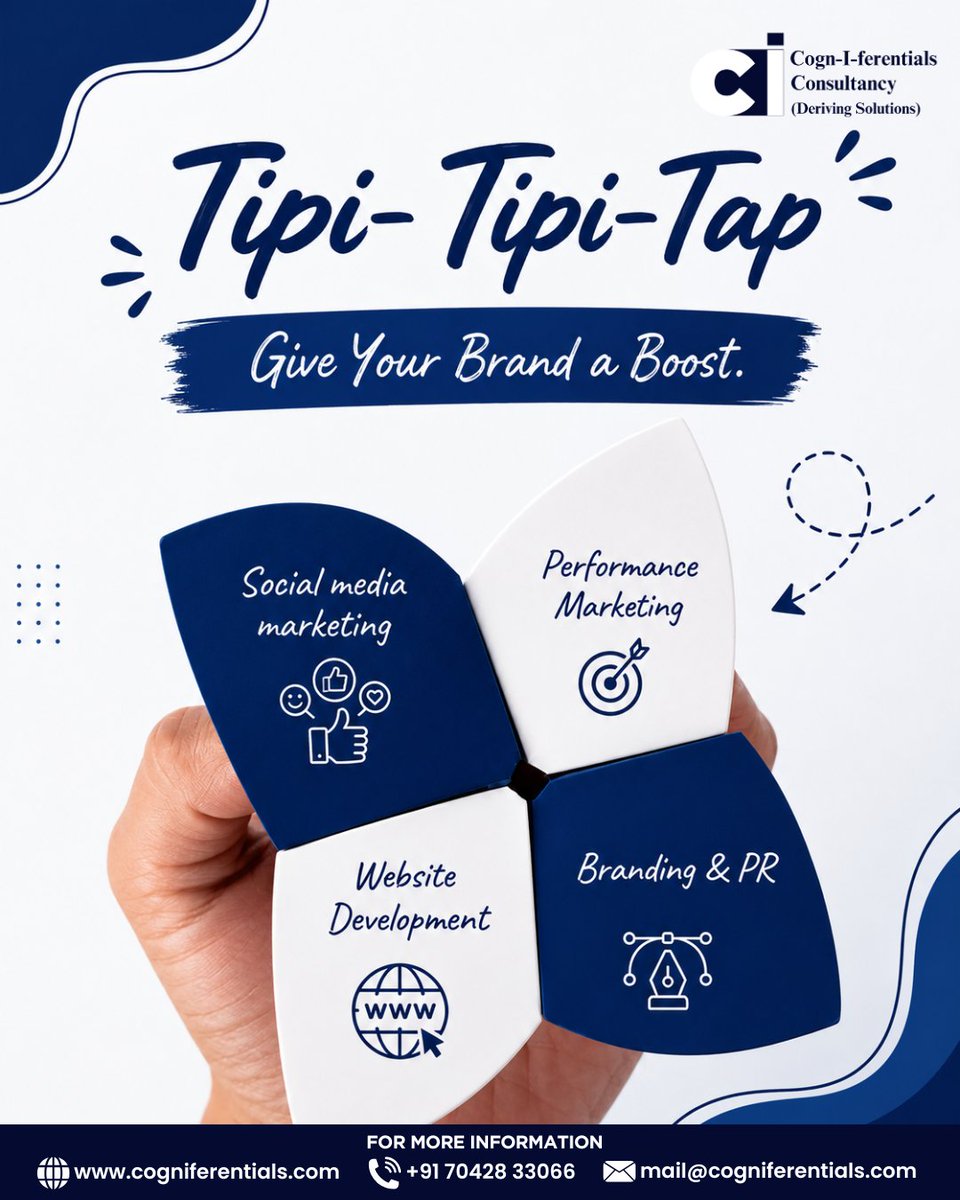 cogniferentials's tweet photo. Tipi-Tipi-Tap… Which service can take your brand to the next level?
We help businesses grow with smart, result-driven marketing solutions designed for every stage of their journey.

#CogniferentialsConsultancy #DigitalMarketing #BrandStrategy #SocialMediaMarketing https://t.co/Ic3JL35FCI