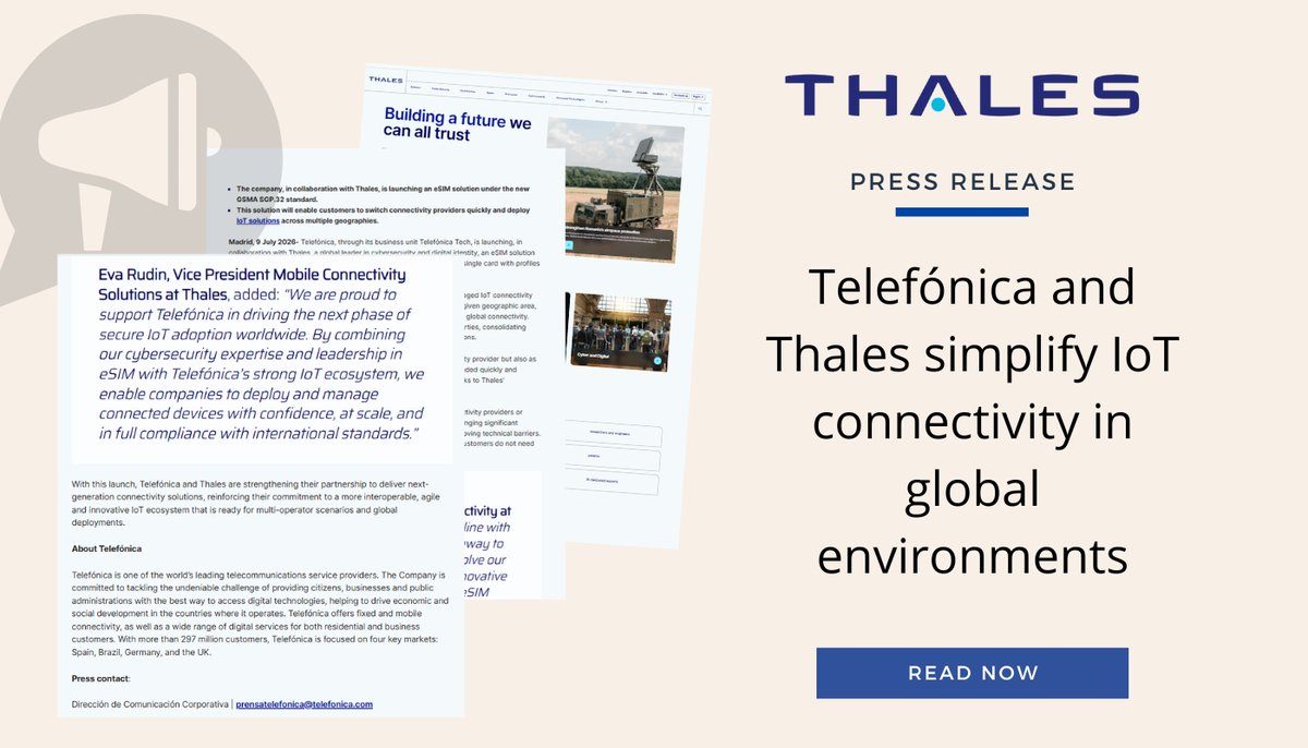 IoTNow_'s tweet photo. PRESS RELEASE: @TefTech_EN and @thalesgroup simplify IoT connectivity in global environments.
More here: https://t.co/LYhTyJCD3P
#SGP32 #IoTConnectivity #DigitalTransformation hashtag#Connectivity @ThalesDigiSec https://t.co/dPTDeVJYKO