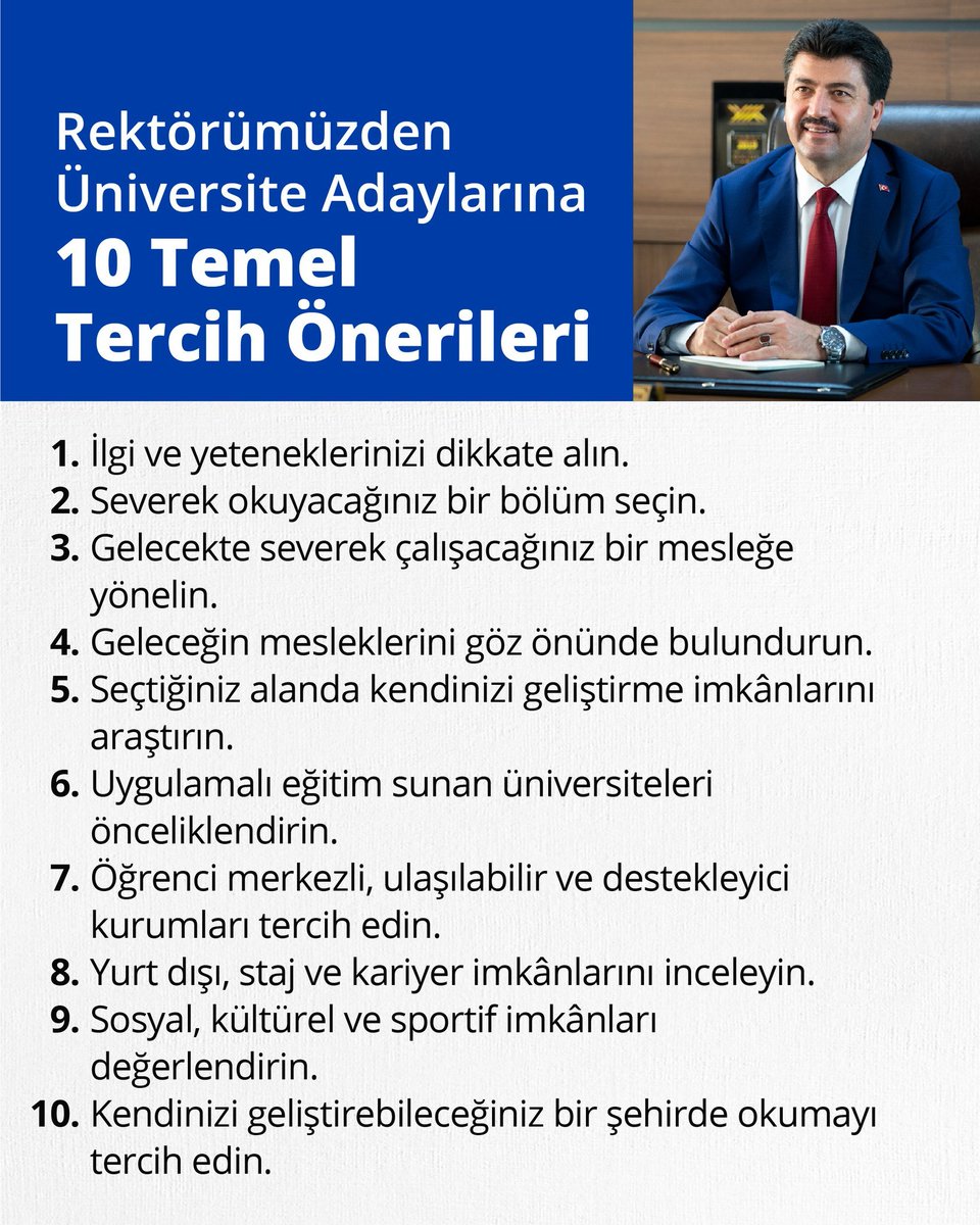 subusbf's tweet photo. Üniversite tercih süreci başladı!

İşte Rektörümüz Prof. Dr. Mehmet Sarıbıyık'ın üniversite adaylarına 10 tercih önerisi ve üniversitemize daveti.

Detaylar 👇
🔗 https://t.co/paJejcIn4E https://t.co/6N9teC8bYJ