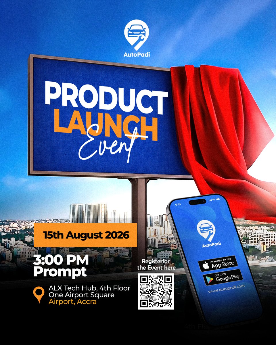 AutoPadi_App's tweet photo. You're Invited! Join Us for the Official Launch of AutoPadi!

Date: Saturday, 15th August, 2026
Time: 3:00 PM prompt
Venue: ALX Tech Hub, 4th Floor, One Airport Square, Airport, Accra

Attendance is free! But Seats are limited! Register now:
https://t.co/BuYV1rfW3o https://t.co/9Cu06NwH7x