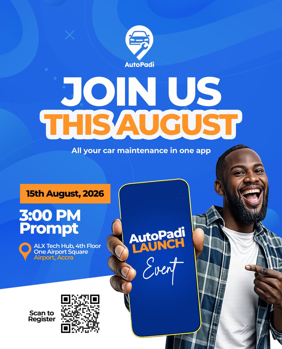 AutoPadi_App's tweet photo. You're Invited! Join Us for the Official Launch of AutoPadi!

Date: Saturday, 15th August, 2026
Time: 3:00 PM prompt
Venue: ALX Tech Hub, 4th Floor, One Airport Square, Airport, Accra

Attendance is free! But Seats are limited! Register now:
https://t.co/BuYV1rfW3o https://t.co/9Cu06NwH7x
