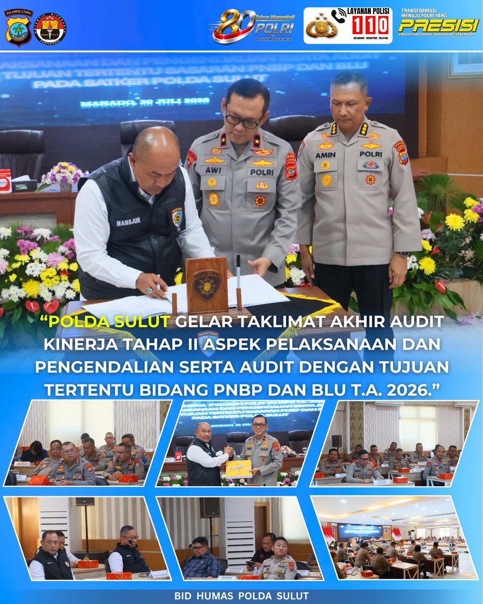 poldasulut_'s tweet photo. TAKLIMAT AKHIR AUDIT KINERJA TAHAP II T.A. 2026
Polda Sulawesi Utara menggelar Taklimat Akhir Audit Kinerja Tahap II Aspek Pelaksanaan dan Pengendalian serta Audit Dengan Tujuan Tertentu (ADTT) Bidang PNBP dan BLU Tahun Anggaran 2026.
#PoldaSulut #Polri #PolriPresisi https://t.co/cY66e9uy4Y