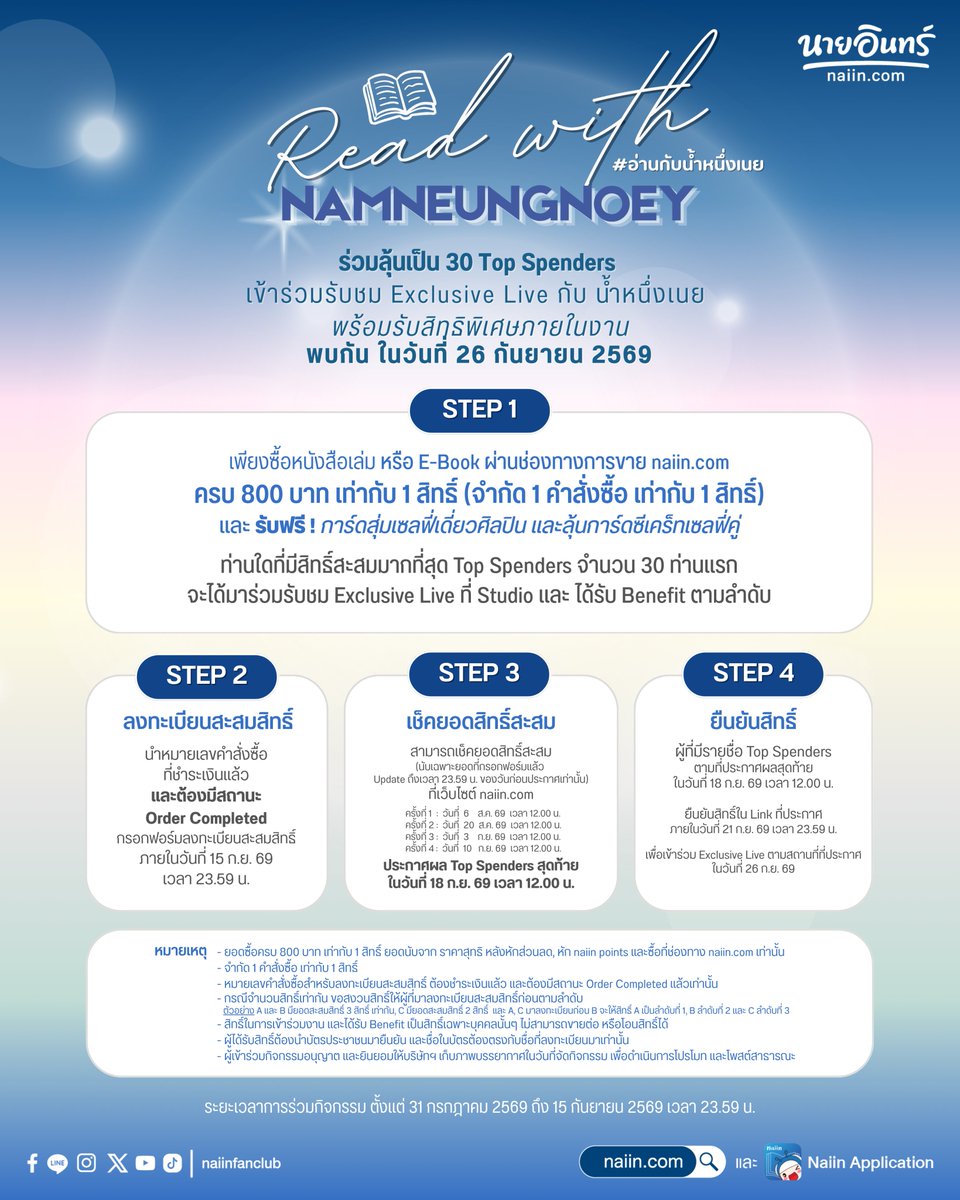 naiin's tweet photo. Naiin Read With NamneungNoey ร่วมลุ้นเป็น 30 Top Spenders เข้าร่วมรับชม Exclusive Live กับ น้ำหนึ่งเนย ในวันที่ 26 ก.ย. 69 พร้อมรับสิทธิพิเศษภายในงาน 

#NaiinReadWithNamneungNoey
#อ่านกับน้ำหนึ่งเนย #NamneungNoey
#NamneungMilinD #NoeyKanteera

เพียงซื้อหนังสือเล่ม หรือ E-Book ผ่านช่องทางการขาย https://t.co/htRwIBh2Ez ครบ 800 บาท เท่ากับ 1 สิทธิ์ (จำกัด 1 คำสั่งซื้อ เท่ากับ 1 สิทธิ์) และ รับฟรี ! การ์ดสุ่มเซลฟี่เดี่ยวศิลปิน และลุ้นการ์ดซีเคร็ทเซลฟี่คู่ ท่านใดที่มีสิทธิ์สะสมมากที่สุด Top Spenders จำนวน 30 ท่านแรก จะได้มาร่วมรับชม Exclusive Live ที่ Studio และ ได้รับ Benefit ตามลำดับ
ระยะเวลาการร่วมกิจกรรม ตั้งแต่ 31 กรกฎาคม 2569 ถึง 15 กันยายน 2569 เวลา 23.59 น.

วิธีลงทะเบียนรับสิทธิ์
Link ลงทะเบียนรับสิทธิ์ https://t.co/0any3pTcOG
วิธีลงทะเบียนรับสิทธิ์
1. นำหมายเลขคำสั่งซื้อที่ชำระเงินแล้ว และต้องมีสถานะ Order Completed กรอกฟอร์มลงทะเบียนสะสมสิทธิ์ ภายในวันที่ 15 ก.ย. 69 เวลา 23.59 น.
2. สามารถเช็คยอดสิทธิ์สะสม (นับเฉพาะยอดที่กรอกฟอร์มแล้วเท่านั้น) ที่เว็บไซต์ https://t.co/FNipo8xv9T
ครั้งที่ 1 : วันที่ 6 ส.ค. 69 เวลา 12.00 น.
ครั้งที่ 2 : วันที่ 20 ส.ค. 69 เวลา 12.00 น.
ครั้งที่ 3 : วันที่ 3 ก.ย. 69 เวลา 12.00 น.
ครั้งที่ 4 : วันที่ 10 ก.ย. 69 เวลา 12.00 น.
3. ประกาศผล Top Spenders สุดท้าย ในวันที่ 18 ก.ย. 69 เวลา 12.00 น.
4. ผู้ที่มีรายชื่อ Top Spenders ตามที่ประกาศผล Top Spenders สุดท้าย ในวันที่ 18 ก.ย. 69 เวลา 12.00 น  ยืนยันสิทธิ์ใน Link ที่ประกาศ ภายในวันที่ 21 ก.ย. 69 เวลา 23.59 น.
หมายเหตุ
- ยอดซื้อครบ 800 บาท เท่ากับ 1 สิทธิ์ ยอดนับจาก ราคาสุทธิ หลังหักส่วนลด, หัก naiin points และซื้อที่ช่องทาง https://t.co/FNipo8xv9T เท่านั้น
- จำกัด 1 คำสั่งซื้อ เท่ากับ 1 สิทธิ์ ประกาศรายชื่อผู้ที่ได้รับสิทธิ์ภายใต้นโยบายคุ้มครองข้อมูลของบริษัทฯ
- หมายเลขคำสั่งซื้อสำหรับลงทะเบียนสะสมสิทธิ์ ต้องชำระเงินแล้ว และต้องมีสถานะ Order Completed แล้วเท่านั้น
- กรณีจำนวนสิทธิ์เท่ากัน ขอสงวนสิทธิ์ให้ผู้ที่มาลงทะเบียนสะสมสิทธิ์ก่อนตามลำดับ
ตัวอย่าง A และ B มียอดสะสมสิทธิ์ 3 สิทธิ์ เท่ากัน, C มียอดสะสมสิทธิ์ 2 สิทธิ์ และ A, C มาลงทะเบียนก่อน B จะให้สิทธิ์ A เป็นลำดับที่ 1, B ลำดับที่ 2 และ C ลำดับที่ 3
- สิทธิ์ในการเข้าร่วมงาน และได้รับ Benefit เป็นสิทธิ์เฉพาะบุคคลนั้นๆ ไม่สามารถขายต่อ หรือโอนสิทธิ์ได้
- ผู้ได้รับสิทธิ์ต้องนำบัตรประชาชนมายืนยัน และชื่อในบัตรต้องตรงกับชื่อที่ลงทะเบียนมาเท่านั้น
- ผู้เข้าร่วมกิจกรรมอนุญาต  และยินยอมให้บริษัทฯ เก็บภาพบรรยากาศในวันที่จัดกิจกรรม เพื่อดำเนินการโปรโมท และโพสต์สาธารณะ

วิธีการกดรับของแถม การ์ดสุ่มเซลฟี่
1. ซื้อหนังสือ หรือ E-Book ครบ 800 บาท ยอดนับจาก ราคาสุทธิ หลังหักส่วนลด, หัก naiin points และซื้อที่ช่องทาง https://t.co/FNipo8xv9T เท่านั้น
2. ในหน้าสินค้าในตะกร้า เลื่อนลงมา กด “คลิกเพื่อเลือก”
3. กดเลือก Set Selfie Cards Week ที่ต้องการ โดยจะสามารถเลือกได้ 1 คำสั่งซื้อ ต่อ 1 การ์ดสุ่ม
4. Selfie Cards Week สามารถเลือกได้ตามวีคที่ปล่อยการ์ด เช่น สัปดาห์ ที่ 1 จะเลือกได้แค่ การ์ดสุ่ม Set Selfie Cards Week 1 เท่านั้น แต่ในสัปดาห์ ที่ 4 เป็นต้นไป สามารถกดเลือกรับ การ์ดสุ่ม Set Selfie Cards สุ่มได้ทุกวีค

Timeline Launch Selfie Cards
Selfie Cards Week 1 เริ่มปล่อย วันที่ 31 ก.ค. 69
Selfie Cards Week 2 เริ่มปล่อย วันที่ 9 ส.ค. 69
Selfie Cards Week 2 เริ่มปล่อย วันที่ 19 ส.ค. 69
Selfie Cards Week 2 เริ่มปล่อย วันที่ 29 ส.ค. 69