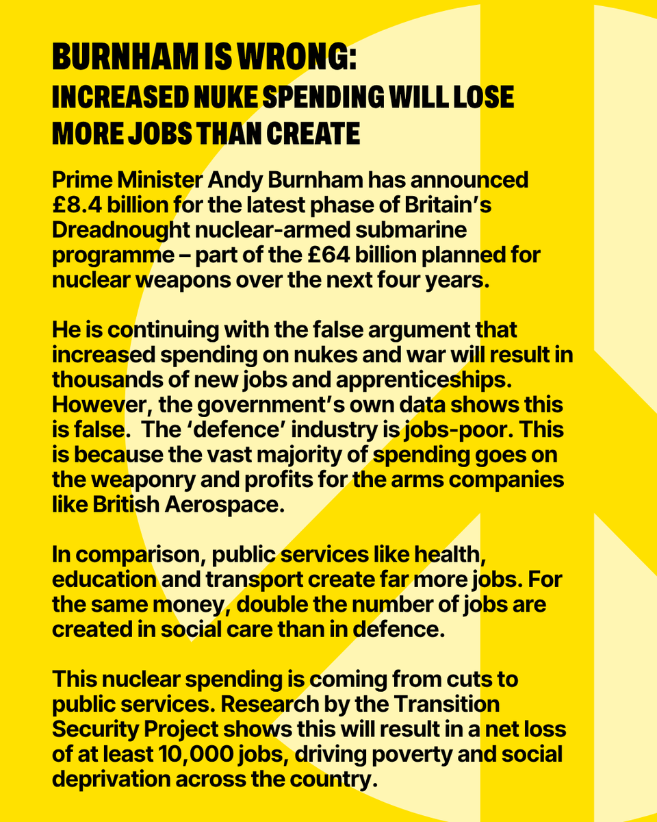 CNDuk's tweet photo. Andy Burnham's claim that more nuclear weapons spending will keep us safe and drive economic growth is false. 

Funds diverted from key sectors like health and transport and poured into arms companies will lose more jobs than they create. 

Read more: https://t.co/uGpAImLGqP https://t.co/mfA7jhISFV