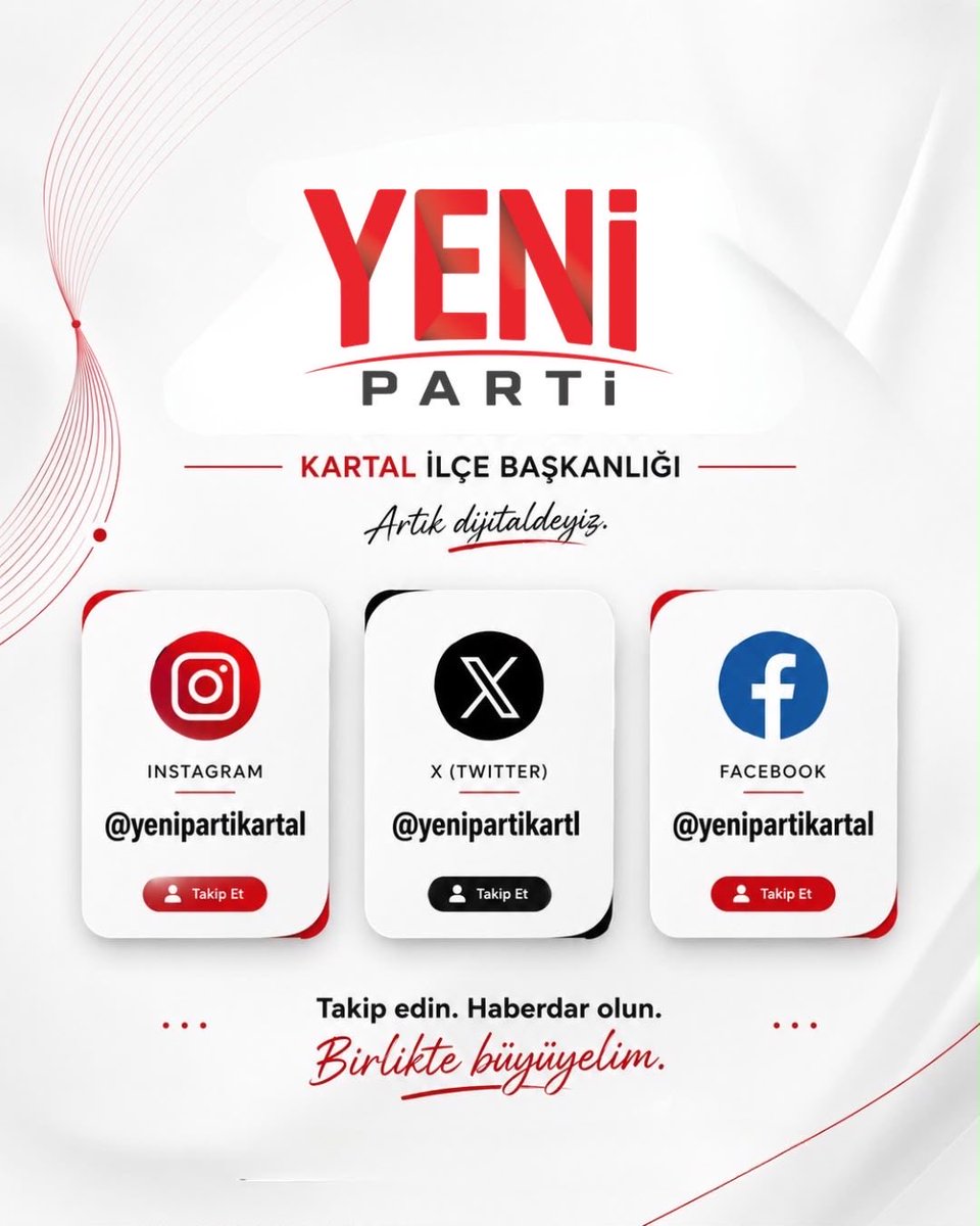 mertpolat1923's tweet photo. 📌Yeni Parti Kartal İlçe Başkanlığının resmi X hesabı: @yenipartikartl 

Takip ederek haberdar olabilirsiniz. 

📌Tüm sosyal medya platformlarındaki hesaplar yeni kurulmuştur. Facebook ve instagram sayfaları görseldeki gibidir. 

#yenipartikartal @eczozgurozel https://t.co/6DPht2i7ug