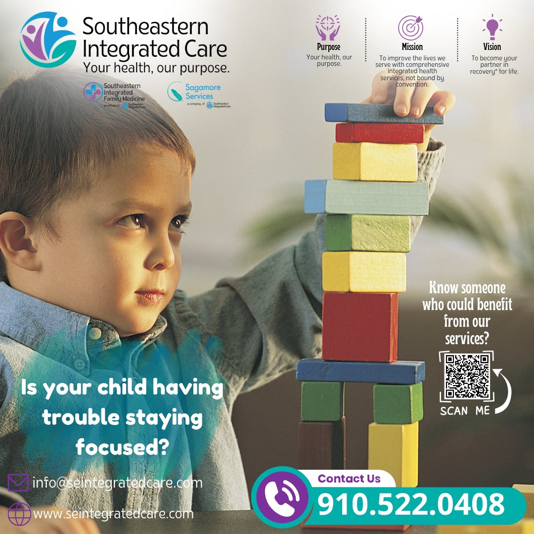 SEintegrated's tweet photo. 💜 If your child is having trouble concentrating?

🧠💬 Behavioral health matters, and so does your child’s future.

📞 Call us today at 910.522.0408

🔍 Or scan the QR code to learn more.

#MentalHealthMatters #ChildFocus #BehavioralHealth https://t.co/1WO6coWDYm